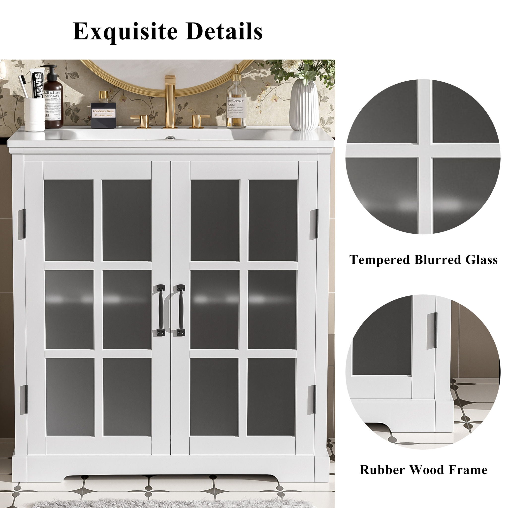 Modern Bathroom Vanity With Ceramic Sink, Tempered Blurred Glass Doors