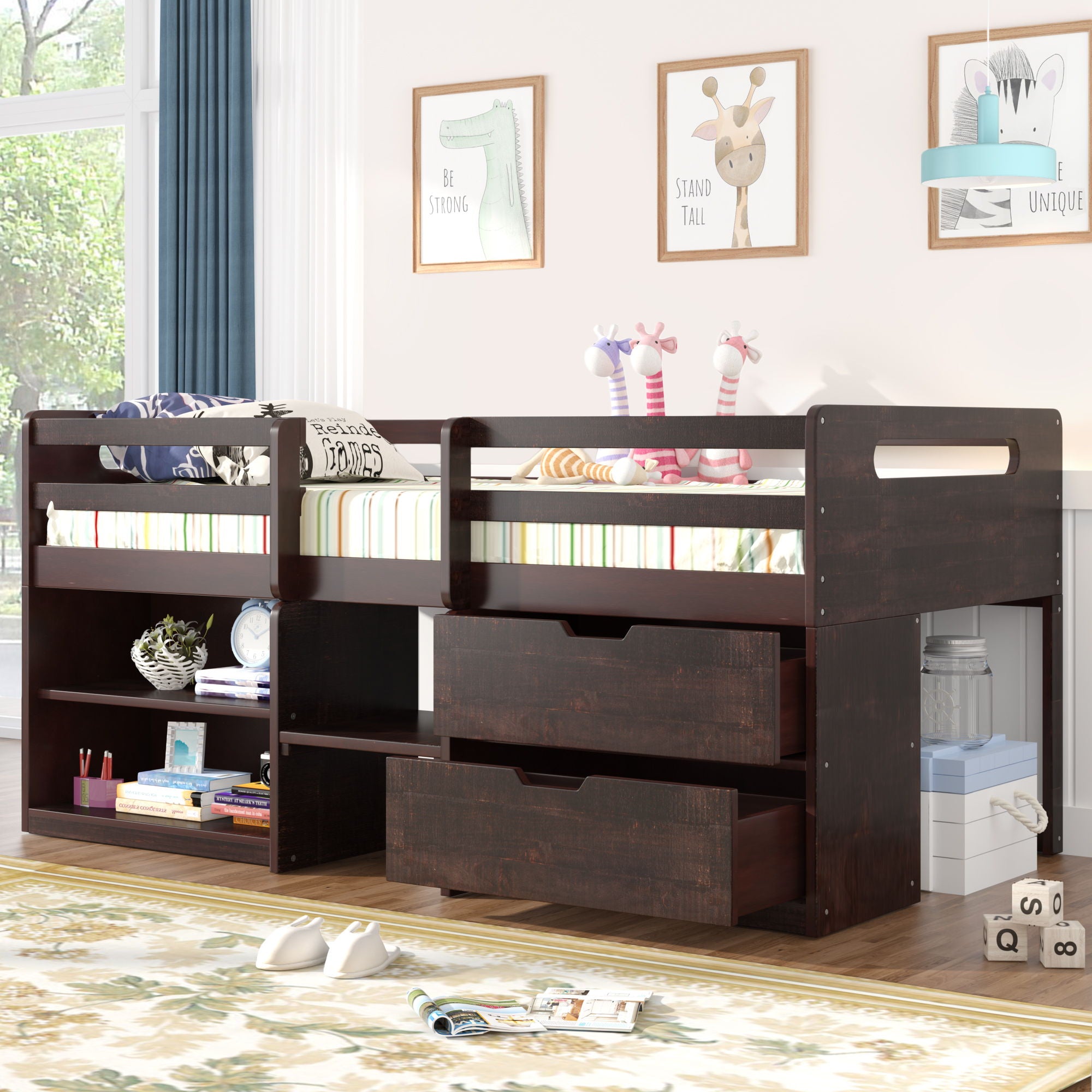 Loft Bed With Two Shelves And Two Drawers