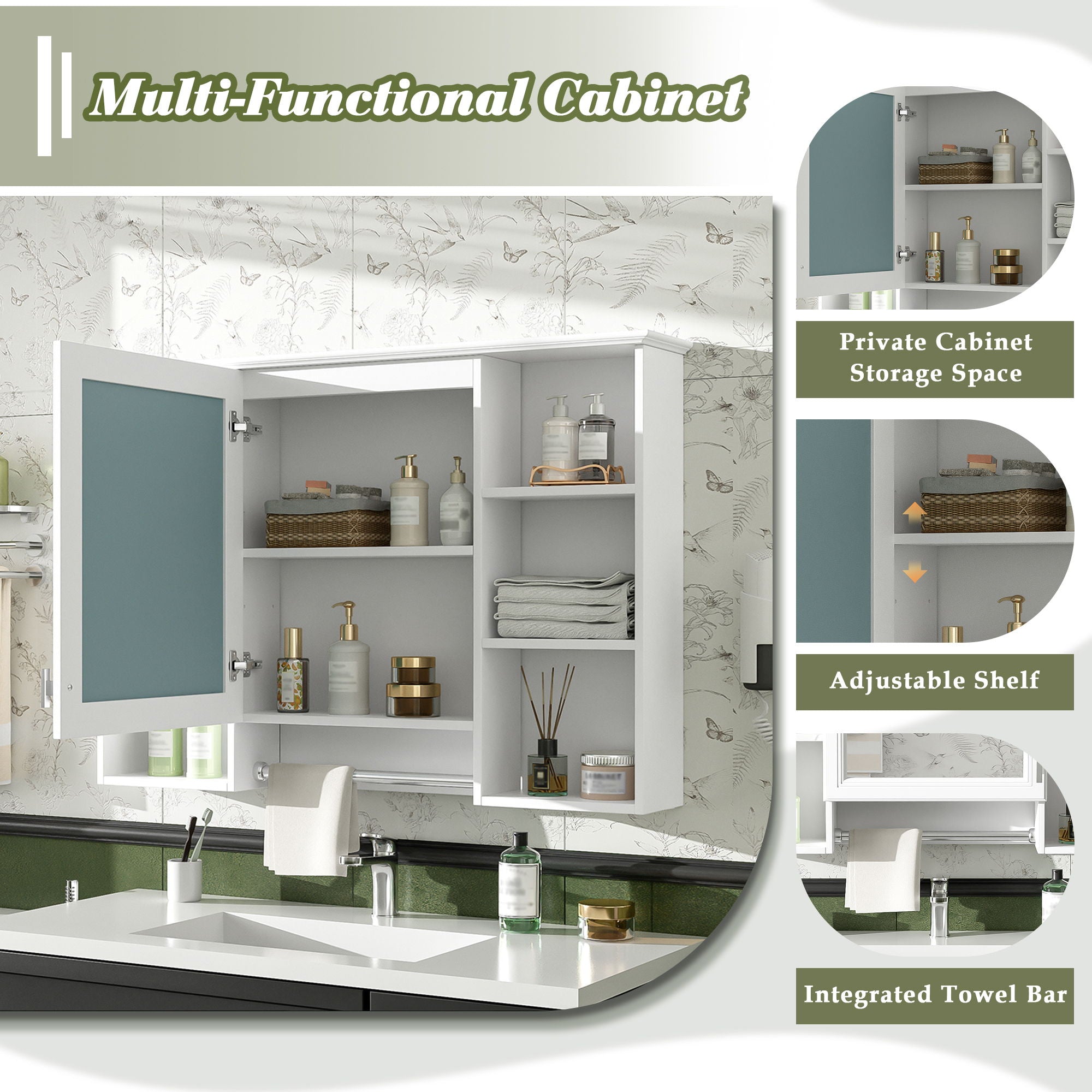 3 In 1 Modern Bathroom Mirror Cabinet With Adjustable Shelf, Soft Close Door, High Definition Mirror & Towel Bar