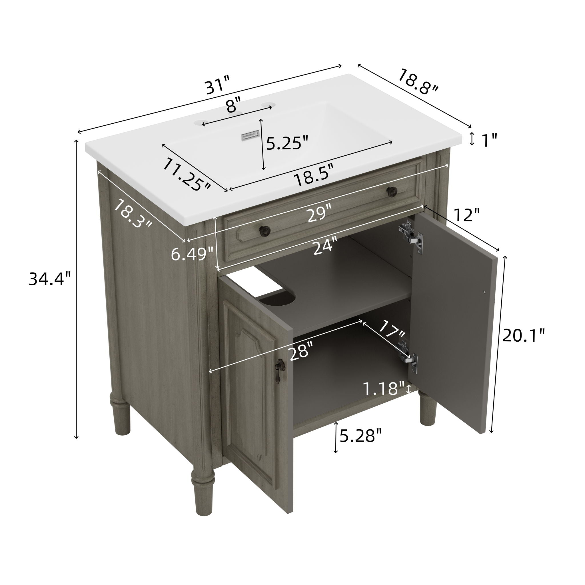 Vintage Bathroom Vanity With Sink, Rustic Cabinet With Soft Close Doors