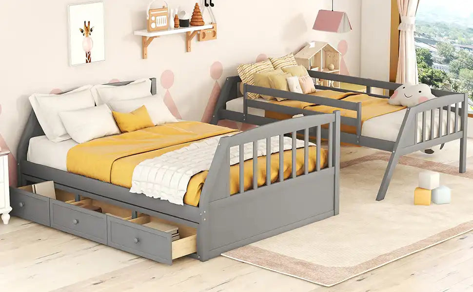 Twin-Over-Full Bunk Bed with Drawers，Ladder and Storage Staircase, Gray - Best Buy Furniture