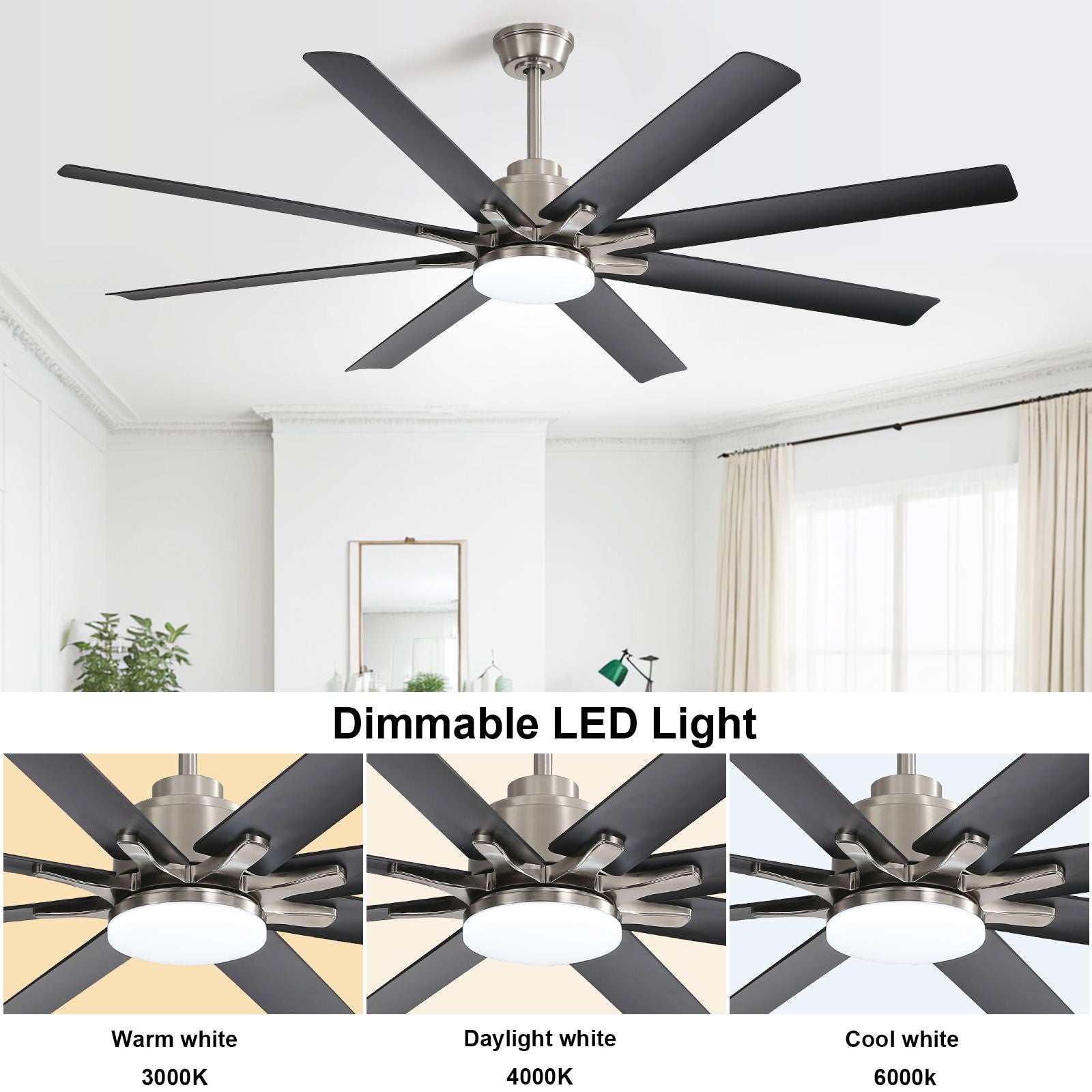 Ceiling Fan With Dimmable LED Light, 8 Blades, Reversible DC Motor, Remote Control