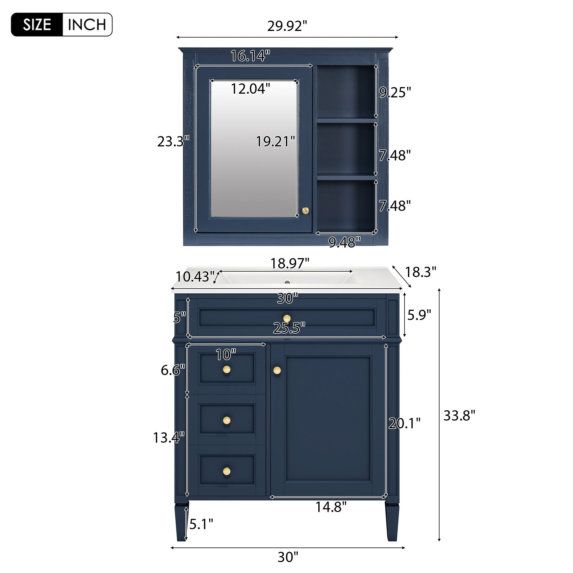 Bathroom Vanity With Medicine Cabinet, Royal Blue Mirror Cabinet, Modern Bathroom Storage Cabinet With 2 Soft Closing Doors And 4 Drawers