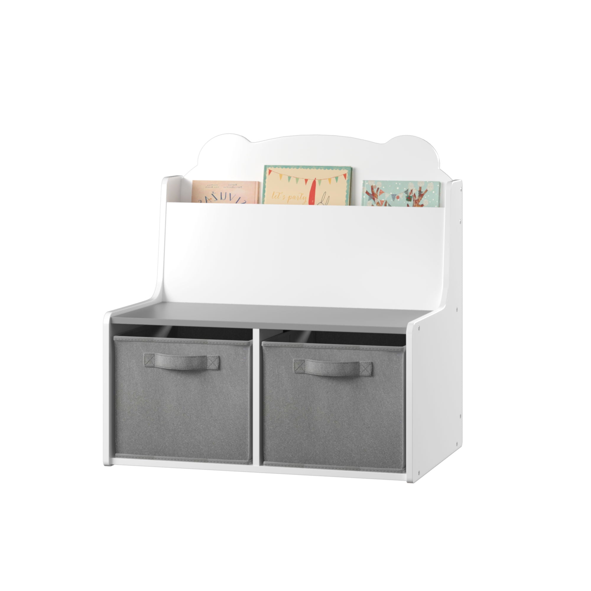 Bookshelf With Storage Bins, Bookcase With Book Display Shelf And 2 Bins, Cute Bear Shaped Backboard, Toy Organizer - White