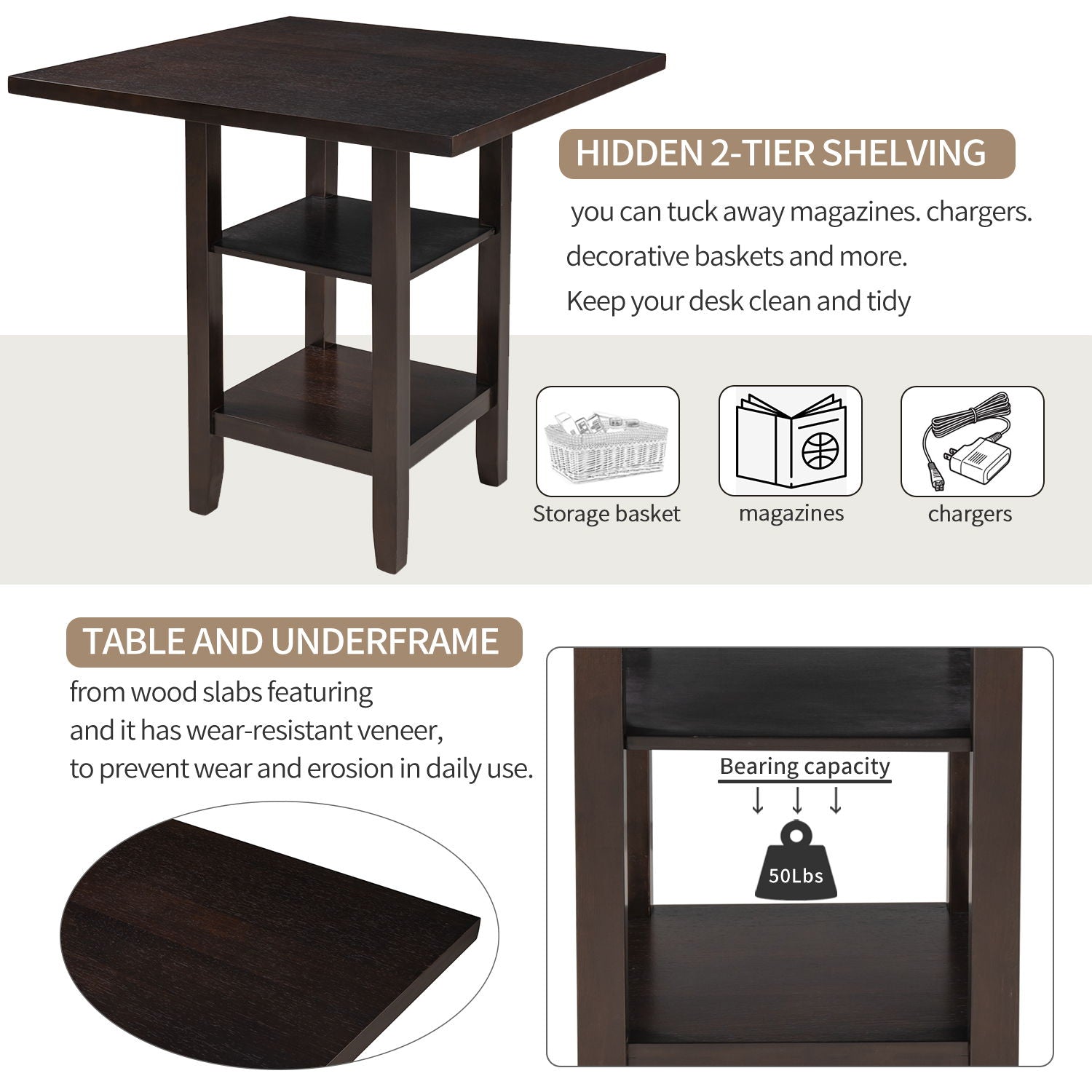 5 Piece Wooden Counter Height Dining Set With Padded Chairs, Storage Shelving