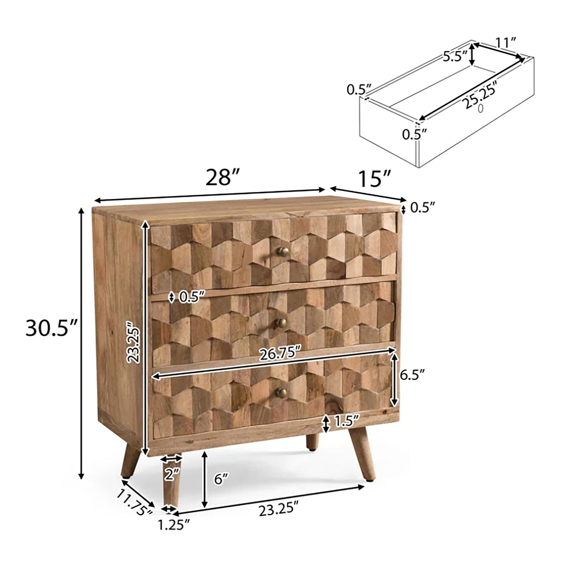 Mid Century Modern Mango Wood 3 Drawer Chest With 3D Tile Weave Design - Natural - Best Buy Furniture