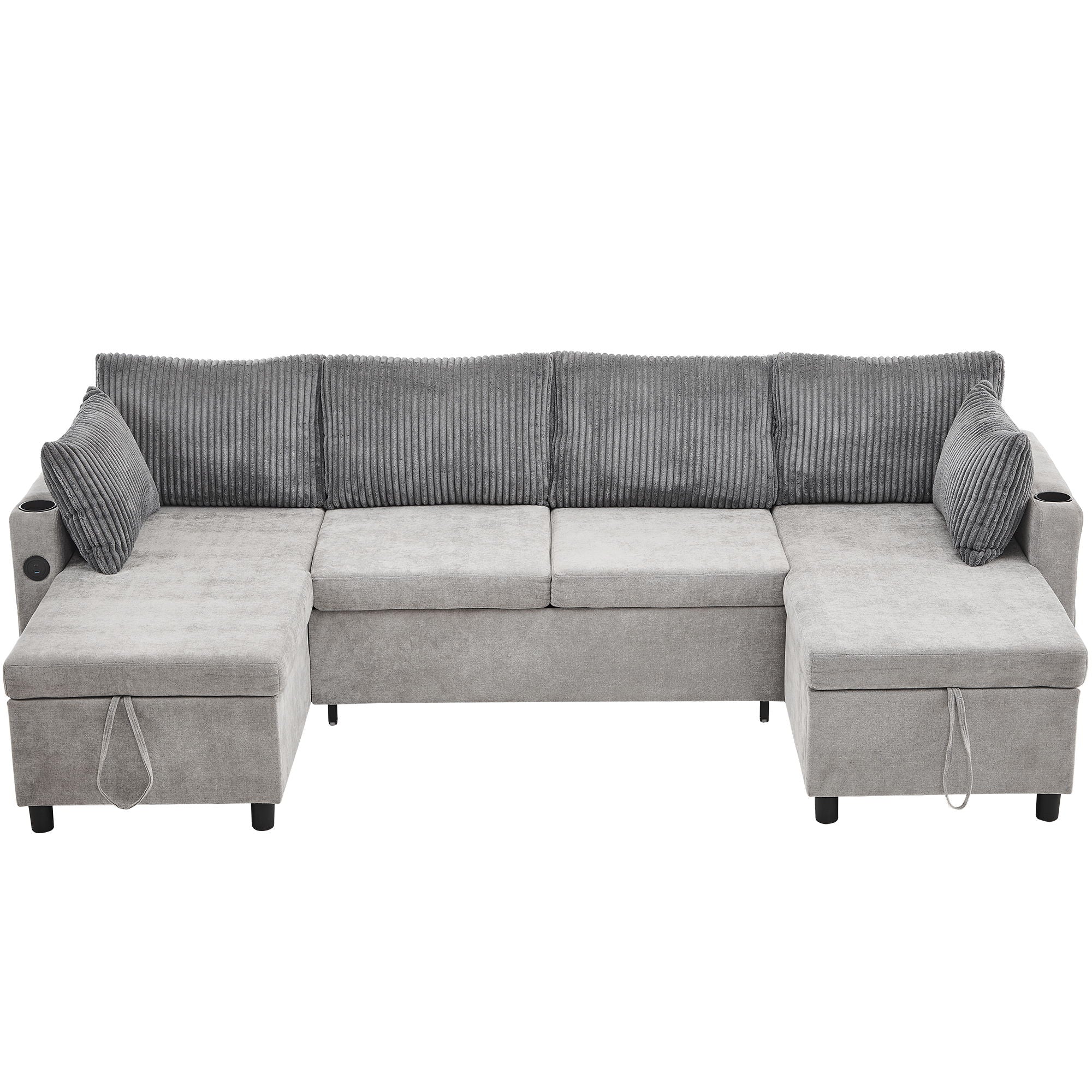 Sectional Sofa Bed With Pull Out Sleeper, USB Ports, Cup Holders