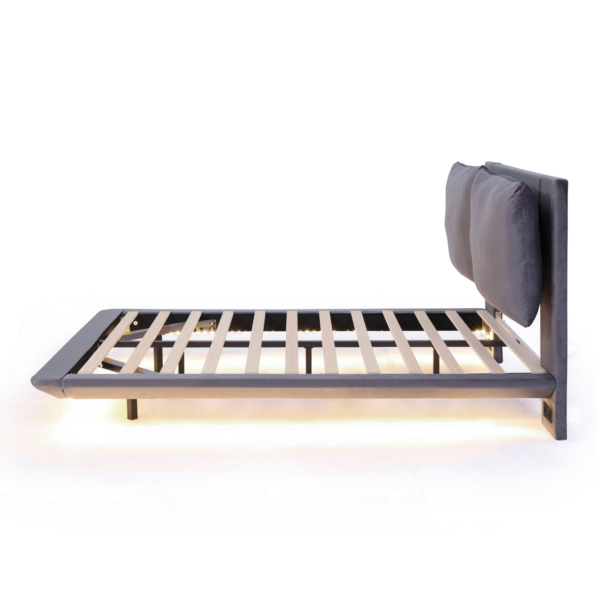 Upholstered Platform Bed With Sensor Light And 2 Large Backrests, With 2 Sets Of USB Port And Socket On Each Rear Bed Leg