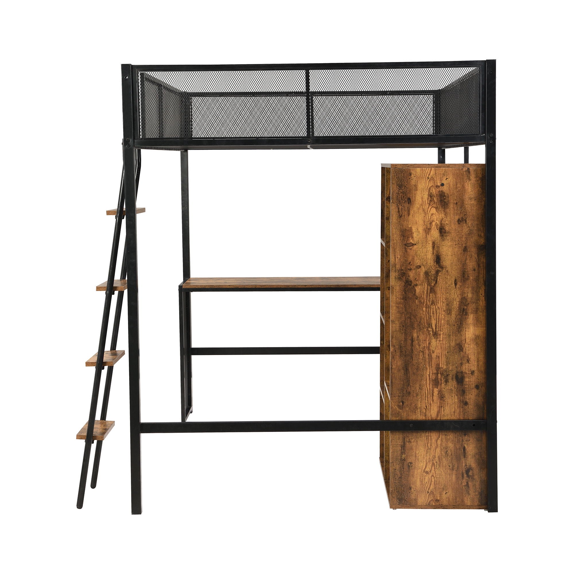 Full Size Loft Bed With Built In Desk, Wardrobe, And Shelves - Black