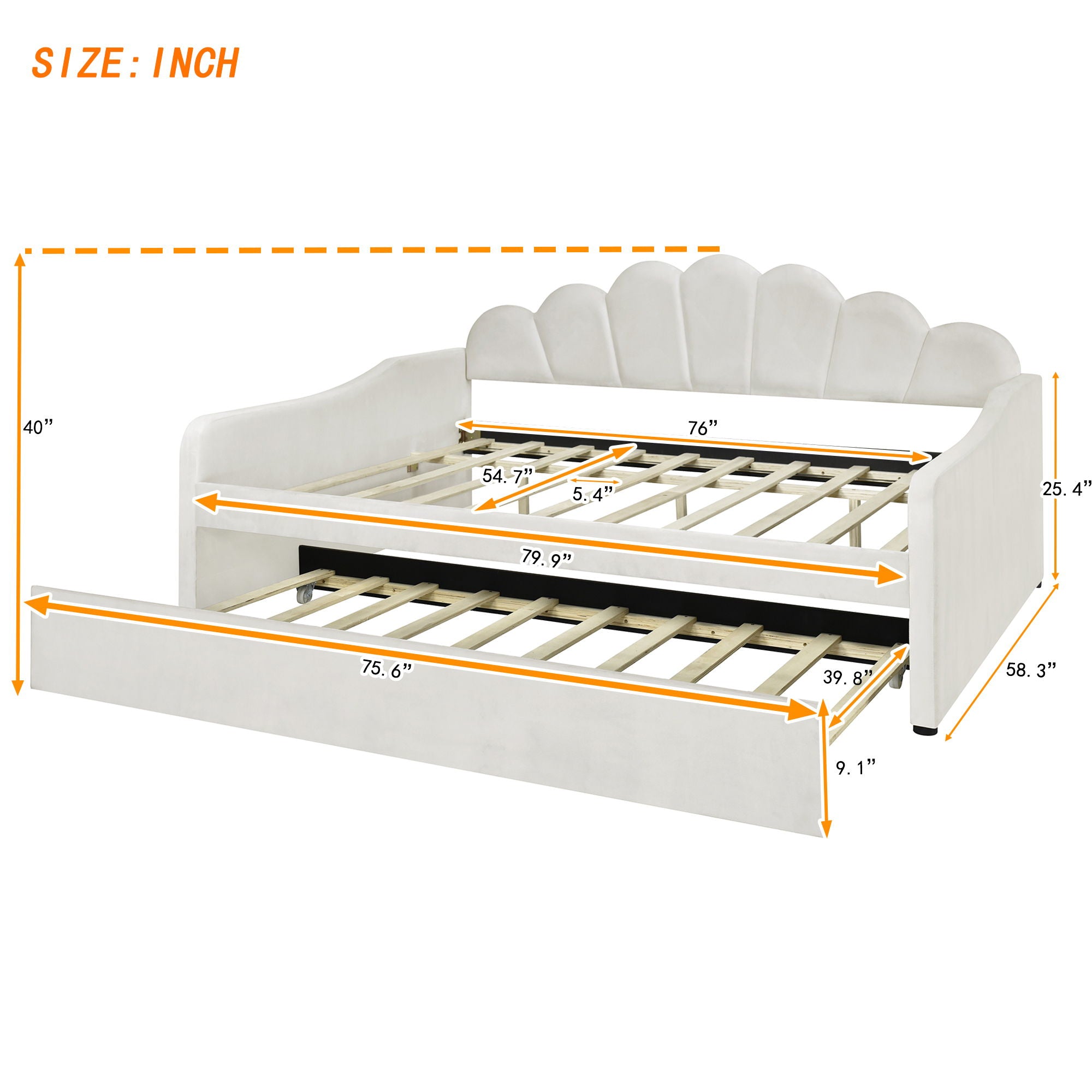 Upholstery Daybed Frame With Shell Shaped Backrest And Trundle