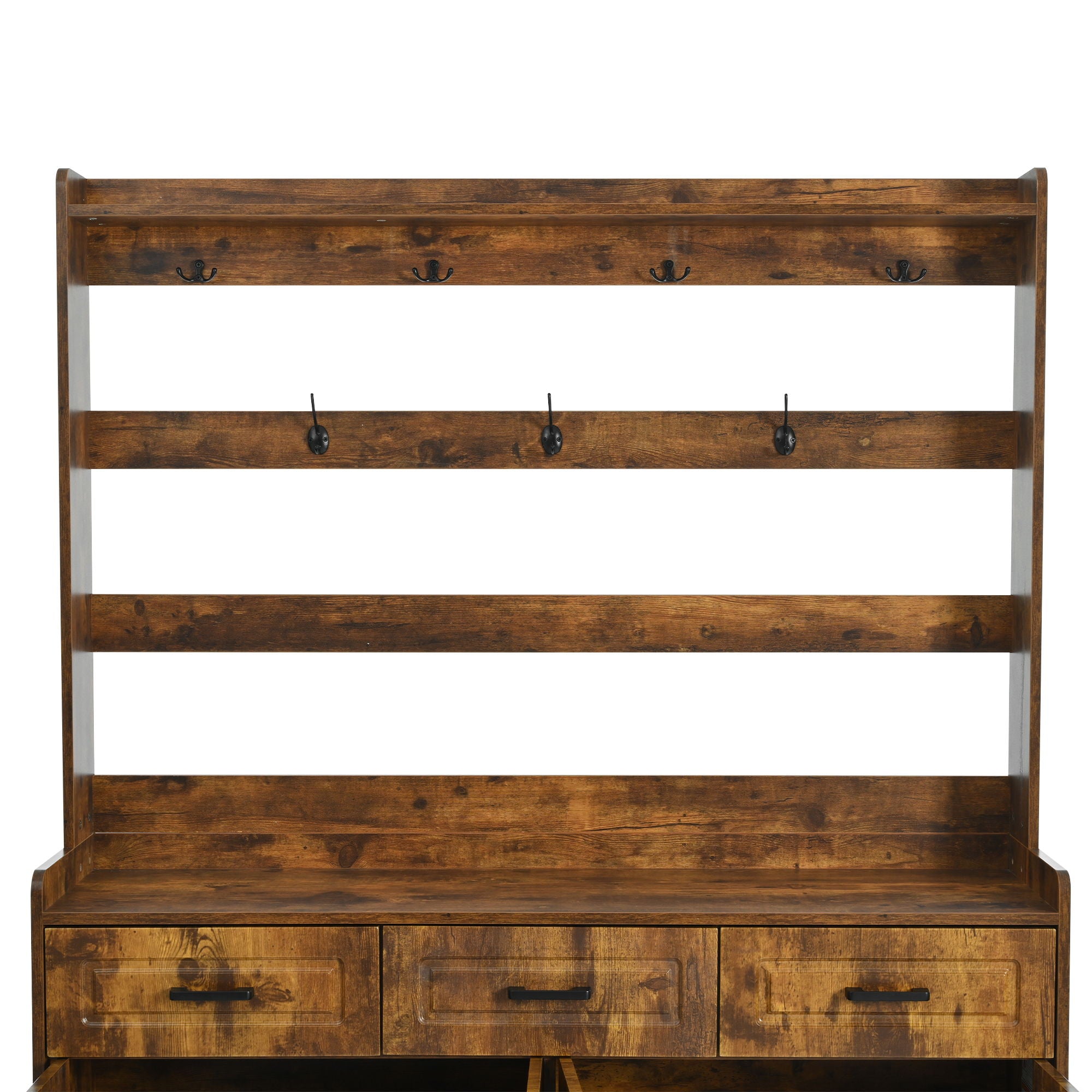 Minimalist 4 Door Shoe Cabinet With Coat Rack, 3 Drawers, 8 Shelves, Metal Hooks And Handles