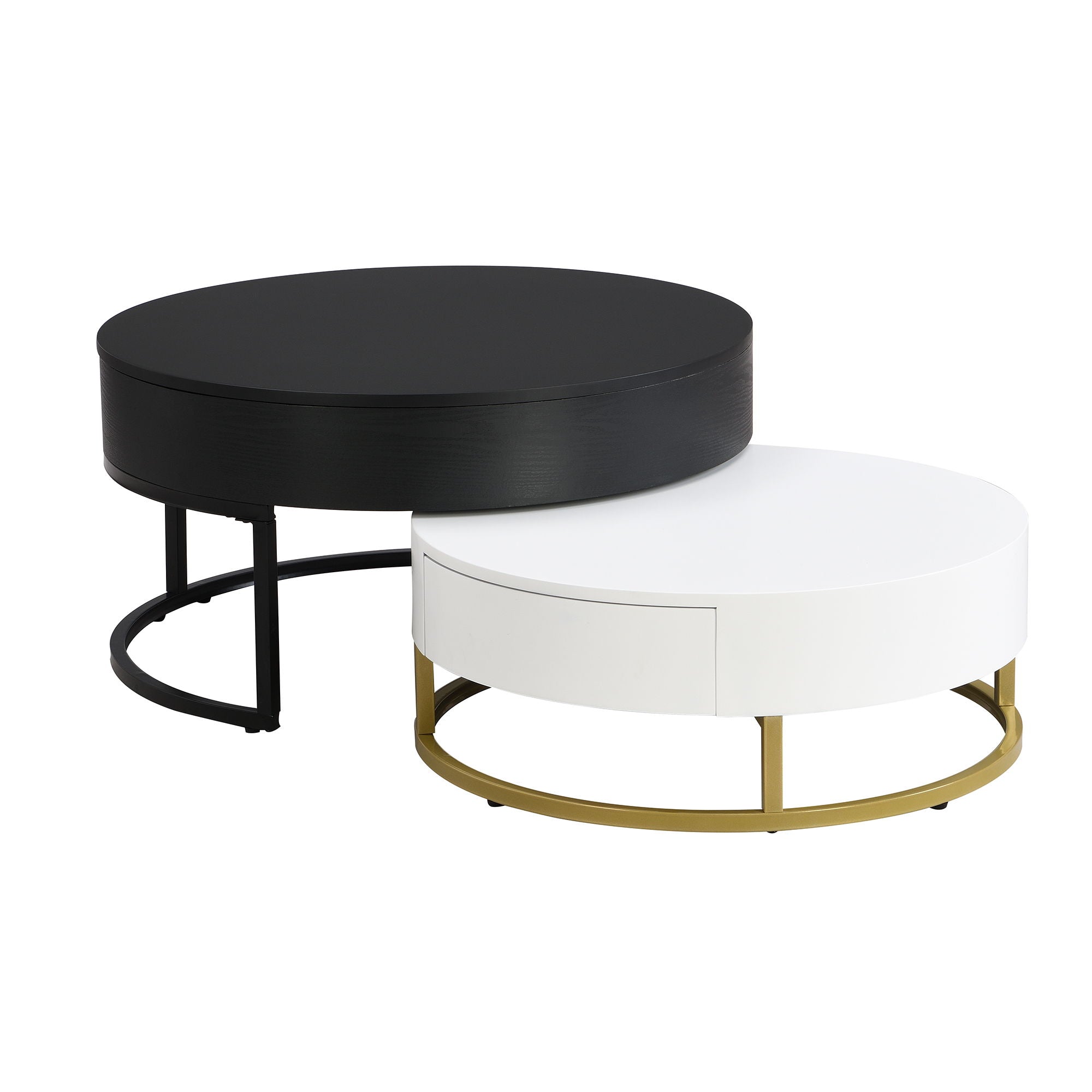 Modern Round Lift-Top Nesting Coffee Tables With 2 Drawers