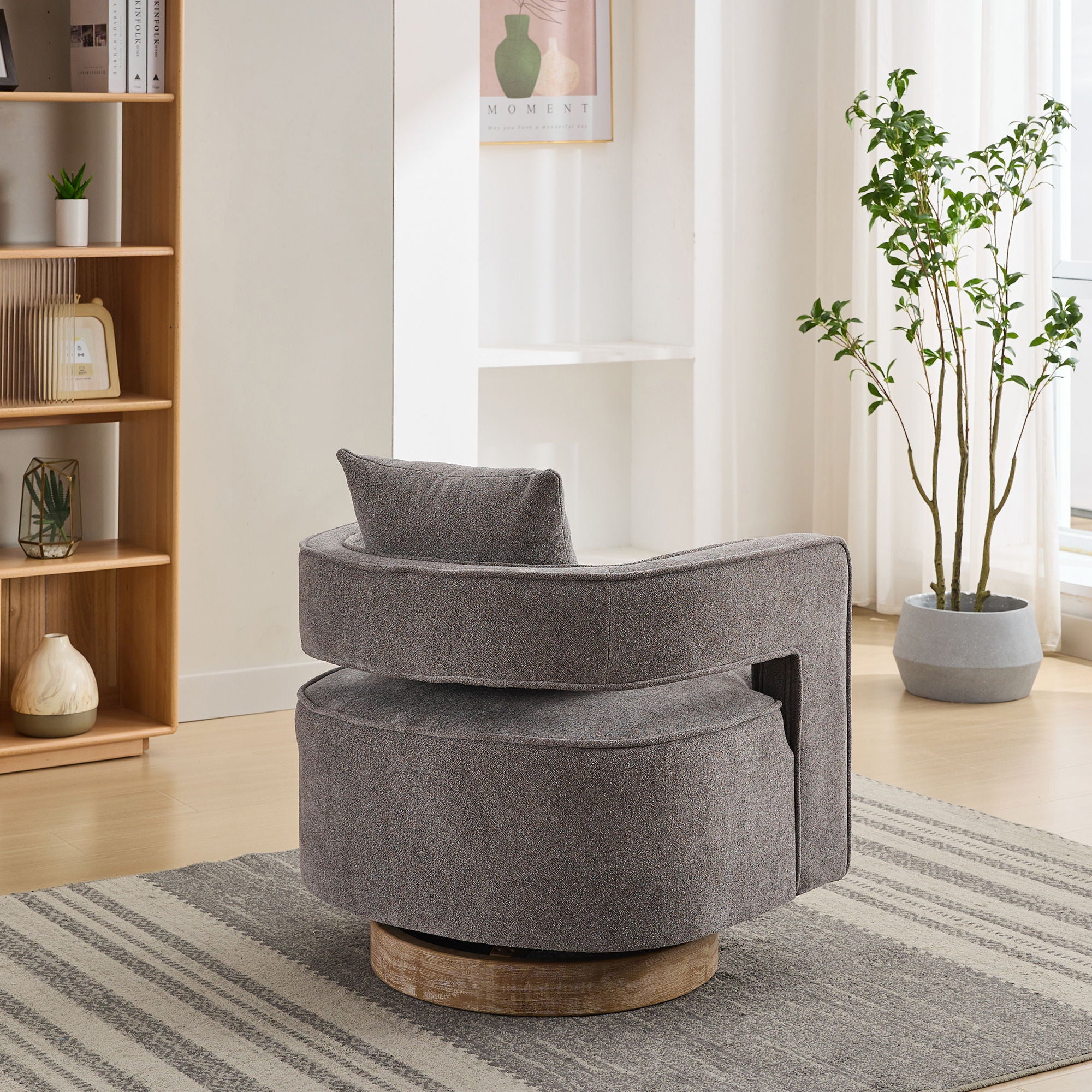 Swivel Accent Open Back Barrel Chair With Weathered Base