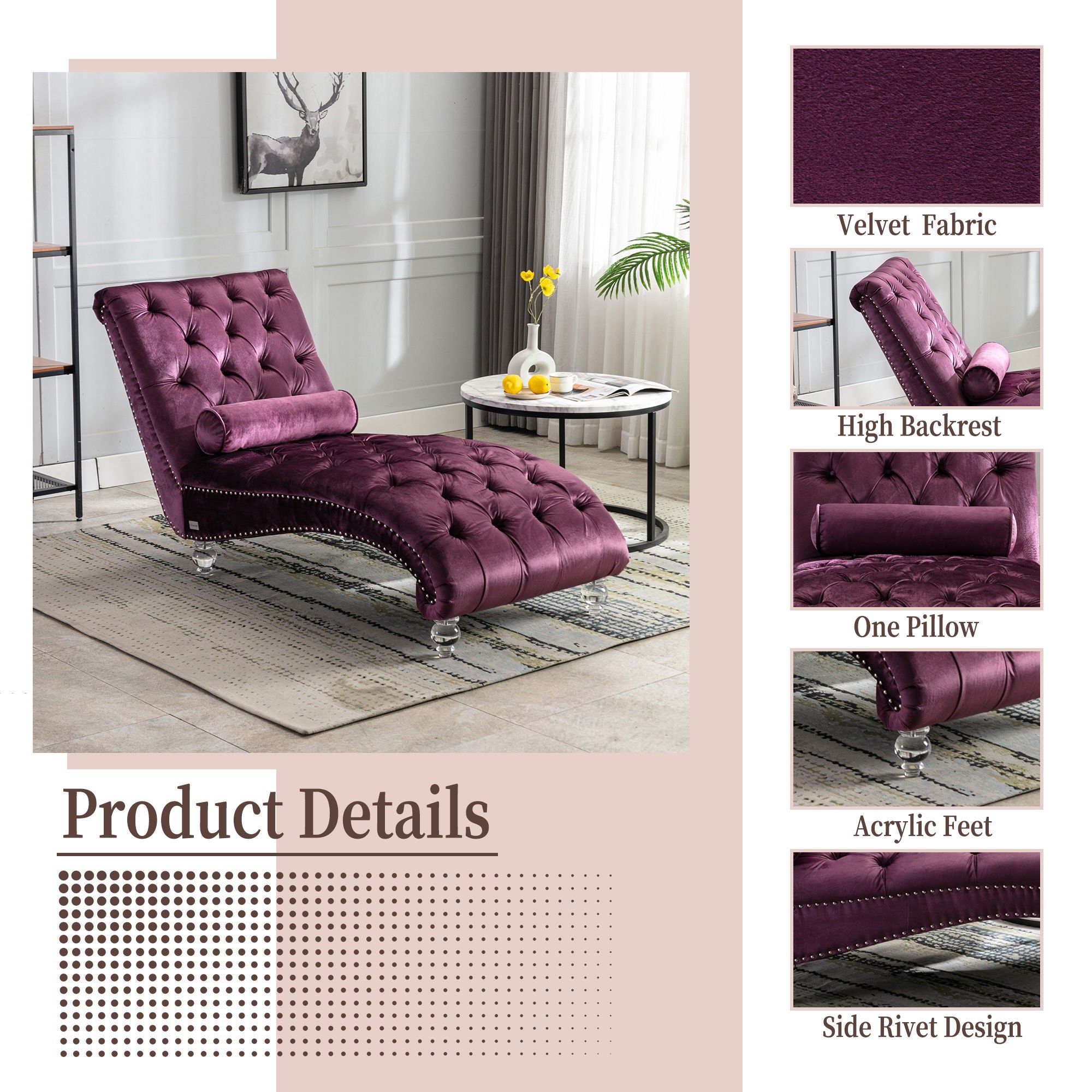 Velvet Chaise Lounge Indoor, Button Tufted Upholstered Chaise Lounge Chair With Pillow