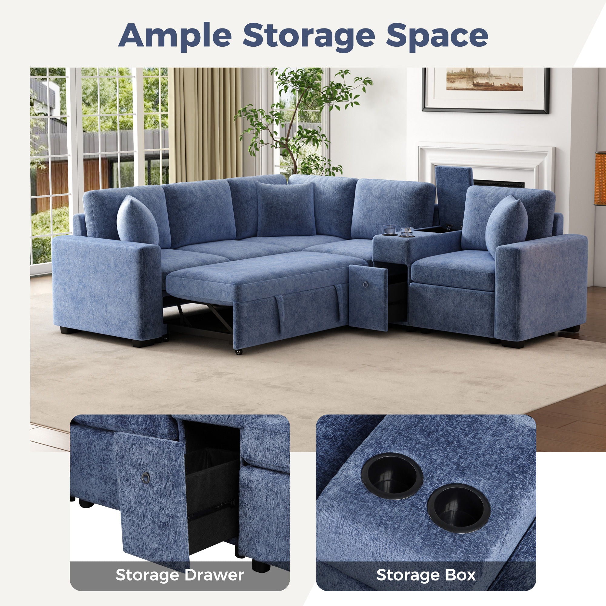 Contemporary L Shaped Convertible Sofa Bed With Pull Out Bed, Cup Holders, And Storage