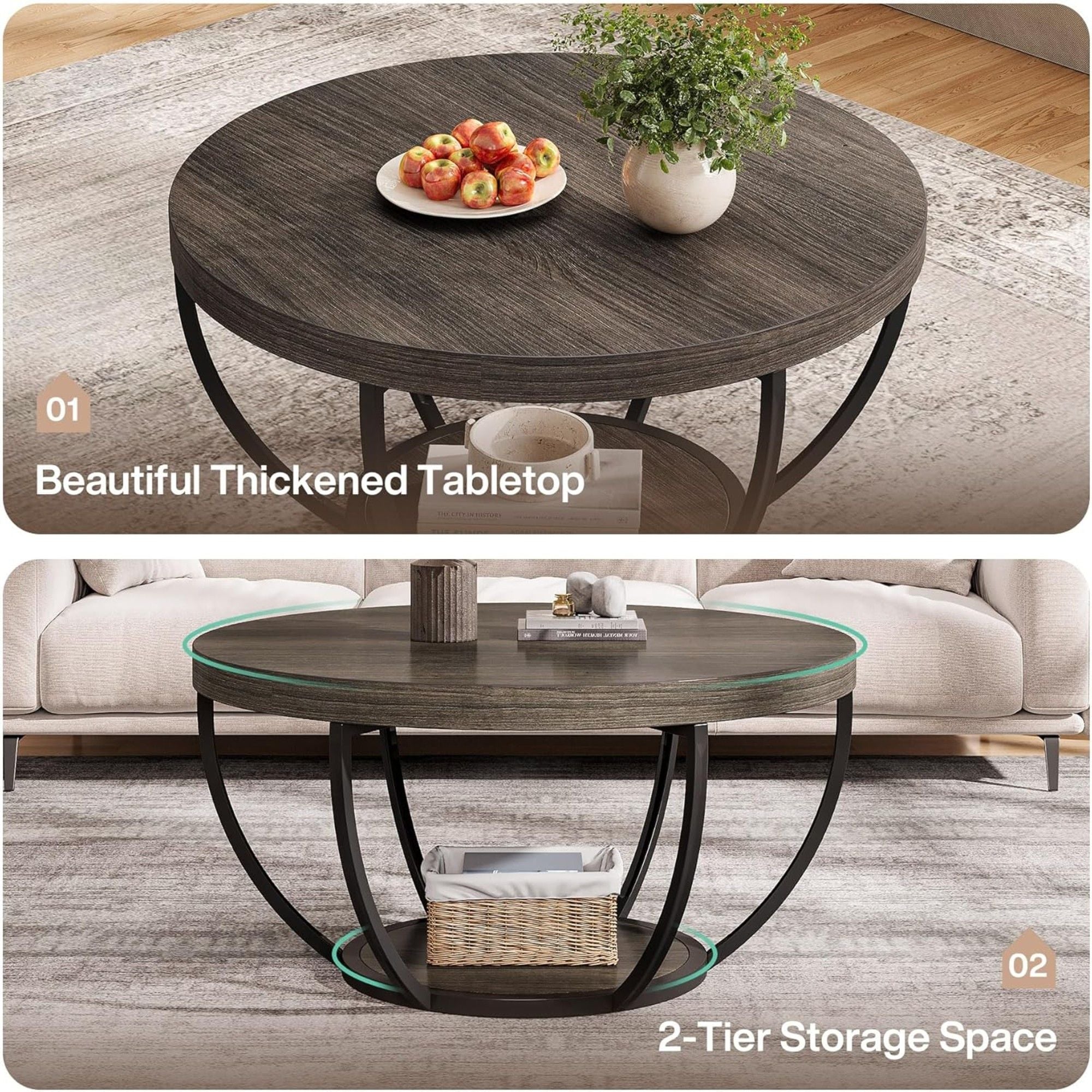 2 Tier Circle Coffee Table With Storage Shelves