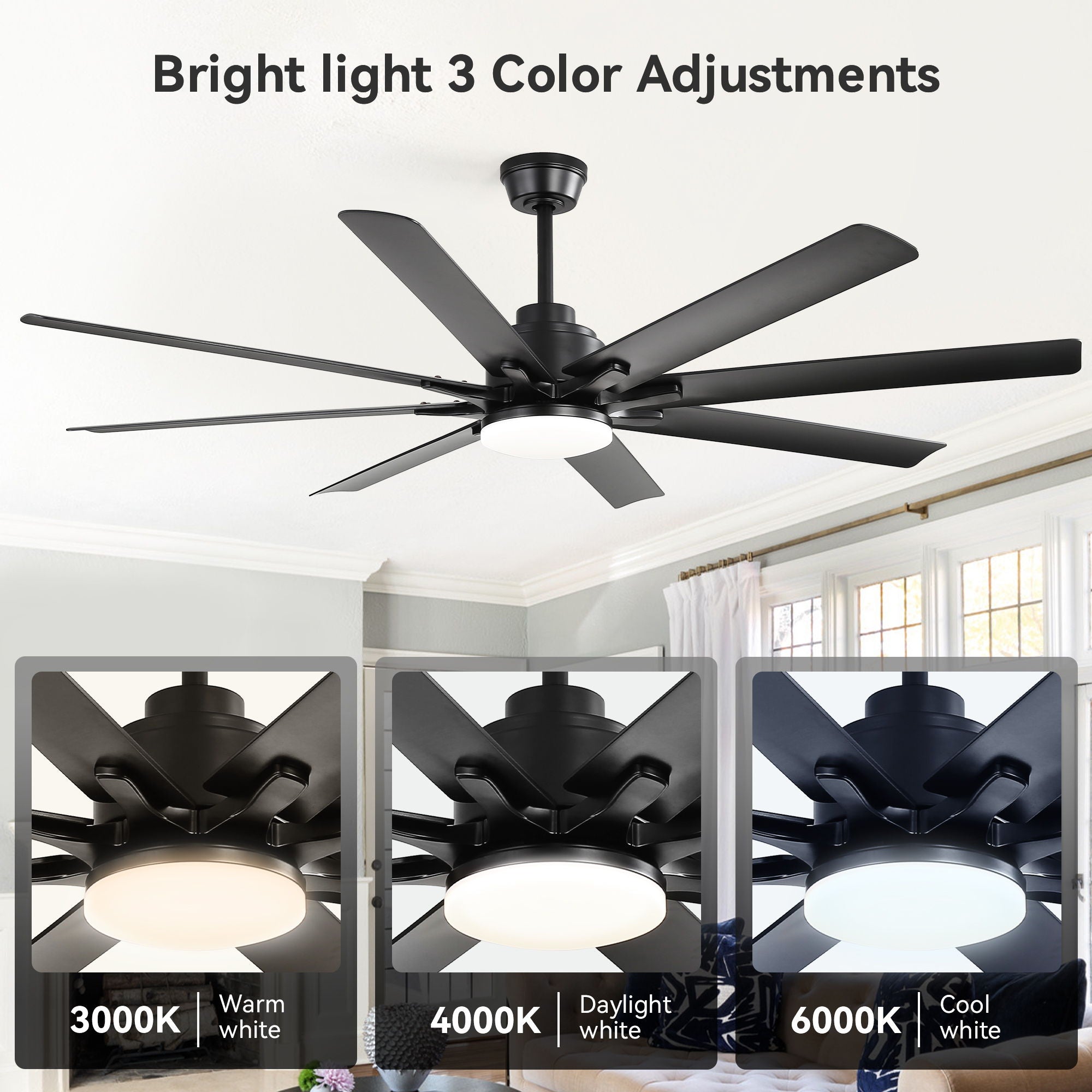 Ceiling Fan With Light 8 Blades, 18W LED 3 Color Dimmable Light, For Living Room & Bedroom - Matte Black