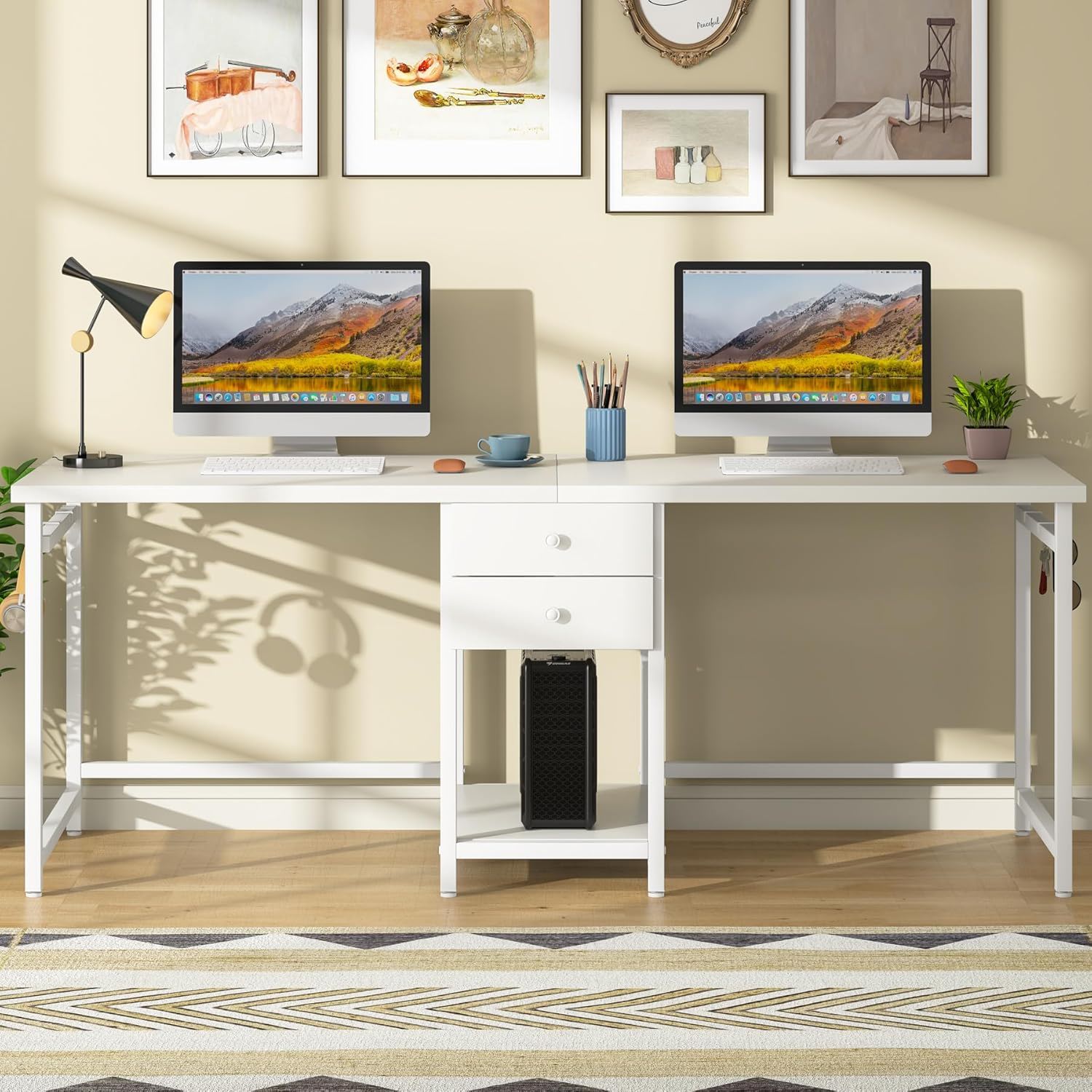 2 Person Computer Desk With Drawers And Shelves, Extra Long Double Workstation