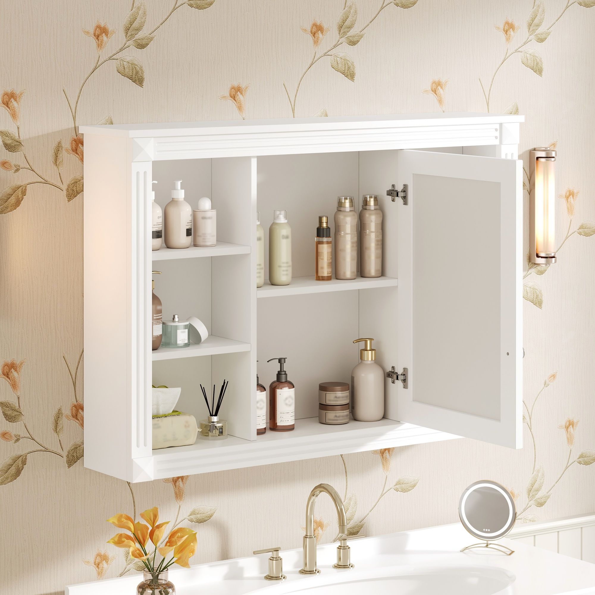 Wall Mounted Bathroom Storage Cabinet With Mirror, Medicine Cabinet With 6 Open Shelves And Adjustable Interior - White
