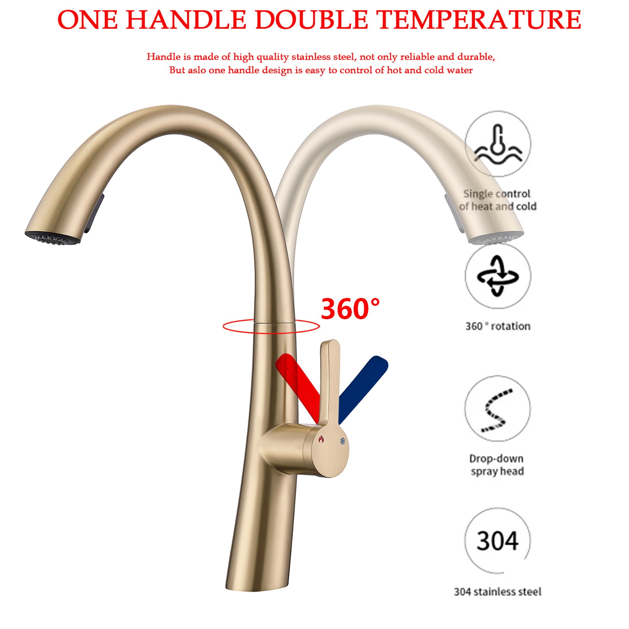 Elegant Single Handle Stainless Steel Pull Out Kitchen Faucet With High Arch Spout - Brushed Gold
