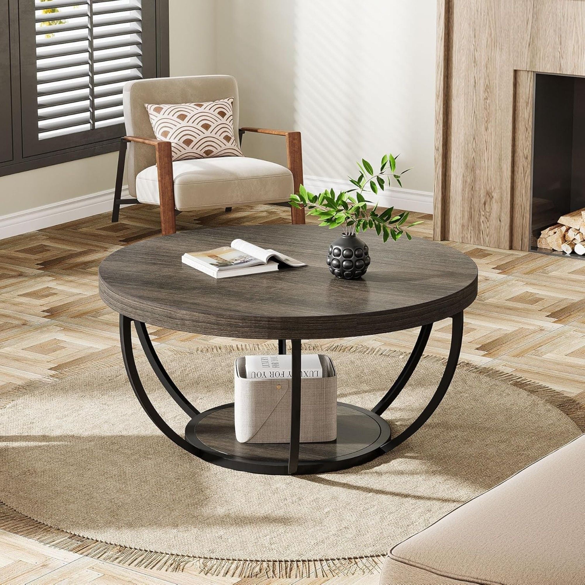 2 Tier Circle Coffee Table With Storage Shelves