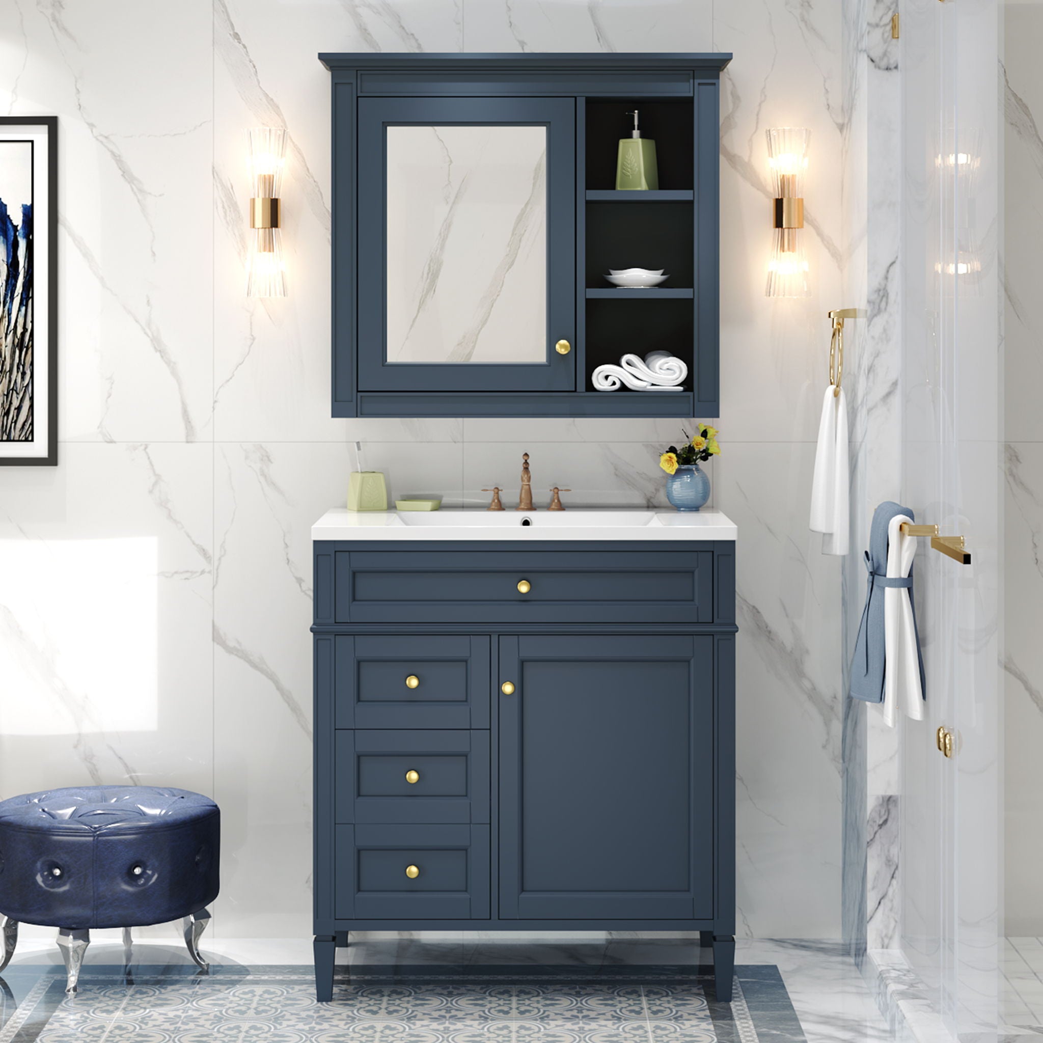 Bathroom Vanity With Medicine Cabinet, Royal Blue Mirror Cabinet, Modern Bathroom Storage Cabinet With 2 Soft Closing Doors And 4 Drawers