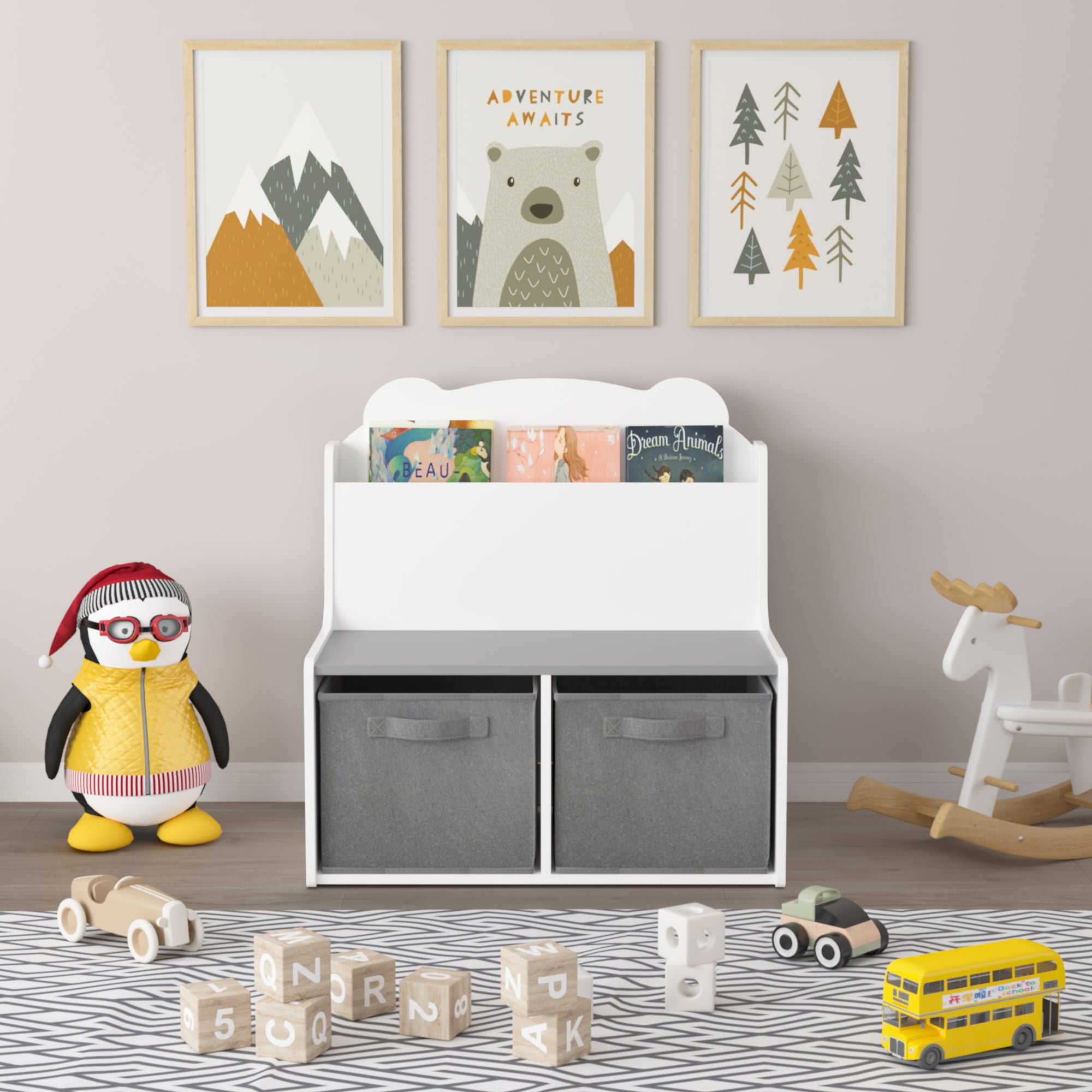 Bookshelf With Storage Bins, Bookcase With Book Display Shelf And 2 Bins, Cute Bear Shaped Backboard, Toy Organizer - White