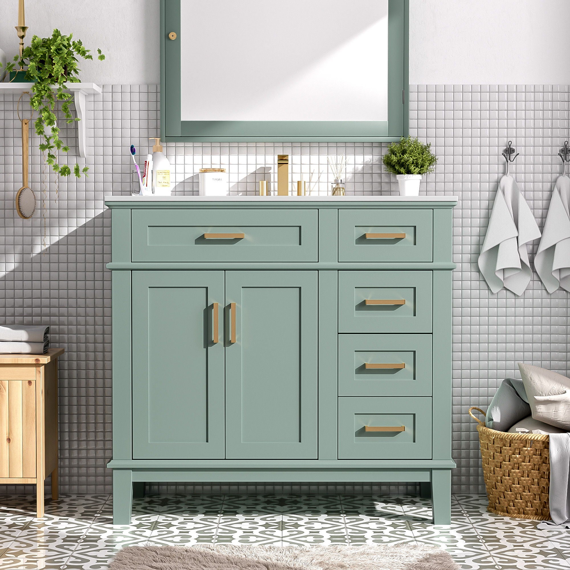 36" Bathroom Vanity With Sink, Soft Close Doors, And Storage Drawers - Green