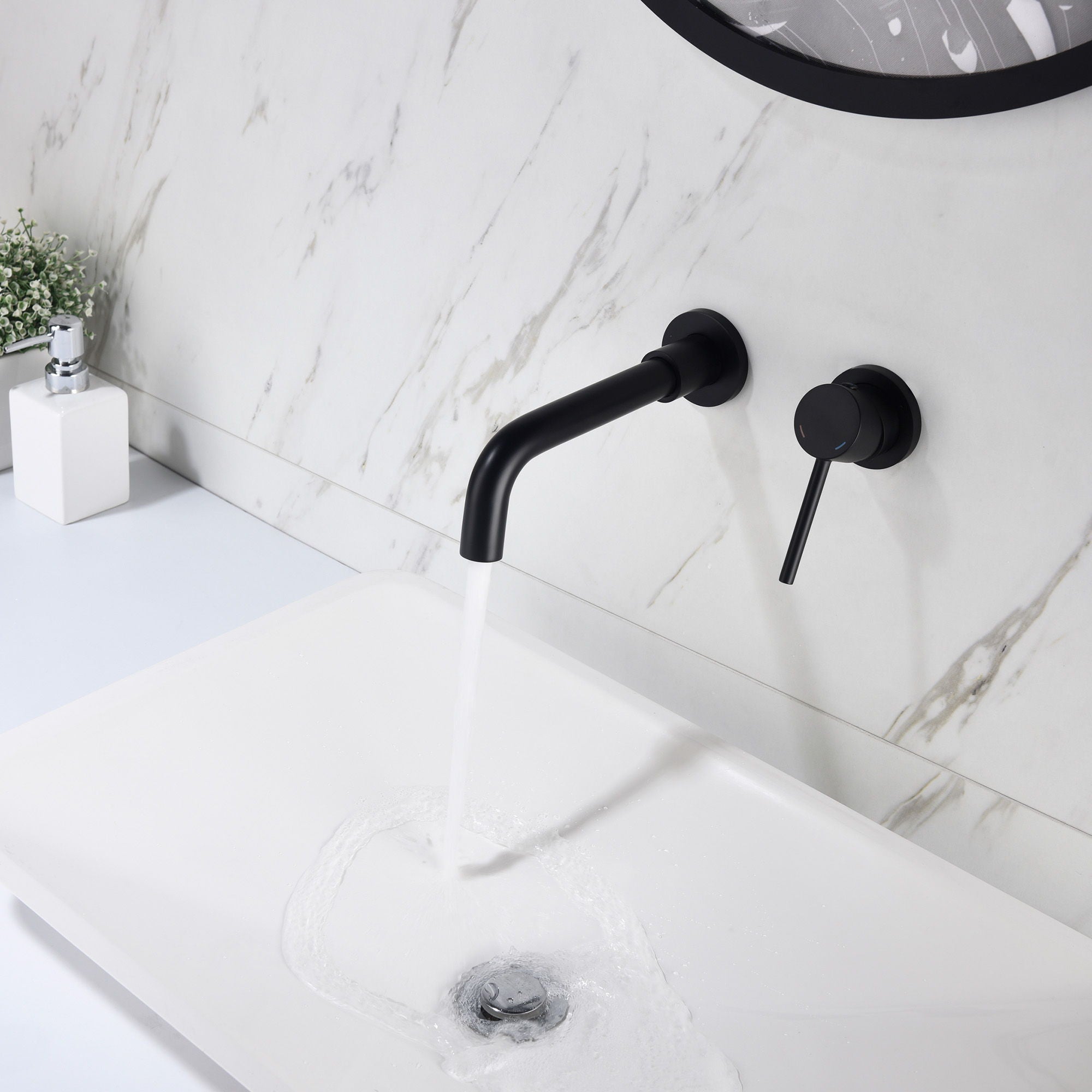 Modern Wall Mount Single Handle Bathroom Sink Faucet, Curved Spout - Matte Black Brass