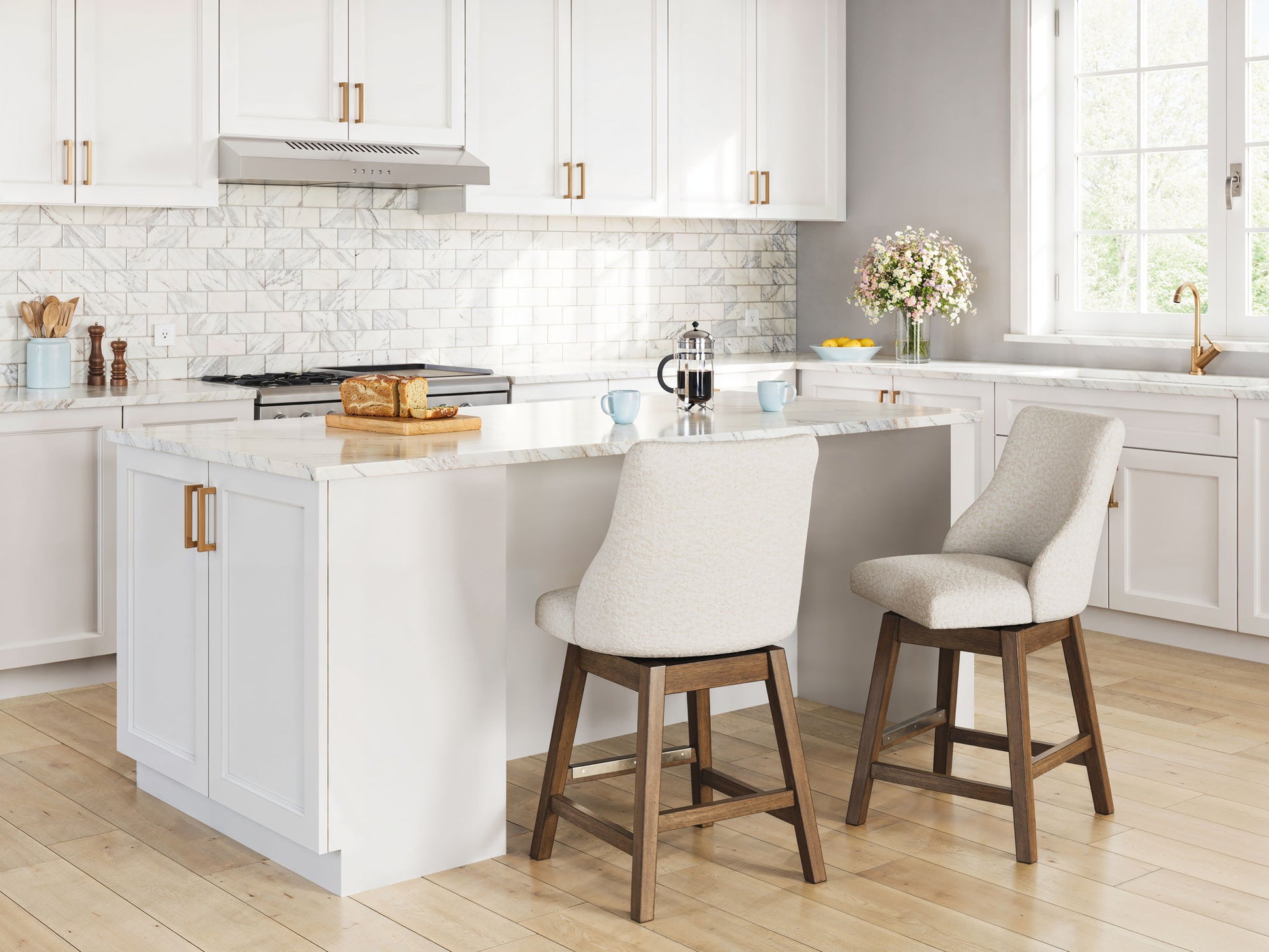 Cabalynn - Upholstered Swivel Barstool (Set of 2) - Oatmeal / Light Brown - Best Buy Furniture