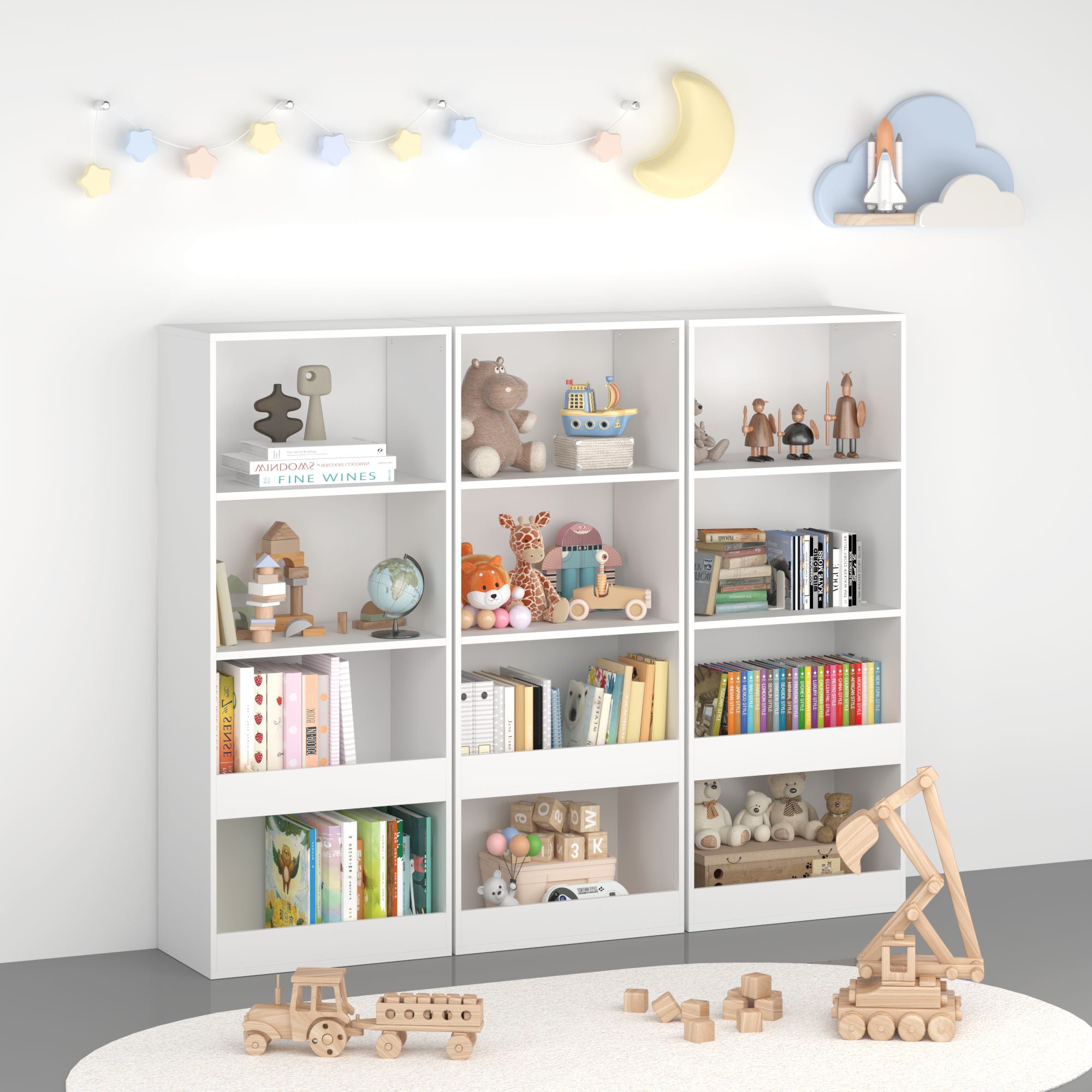 Bookshelf 4 Tier Wall Mounted Bookcase Organizer, Storage Cabinet For Bedroom - White