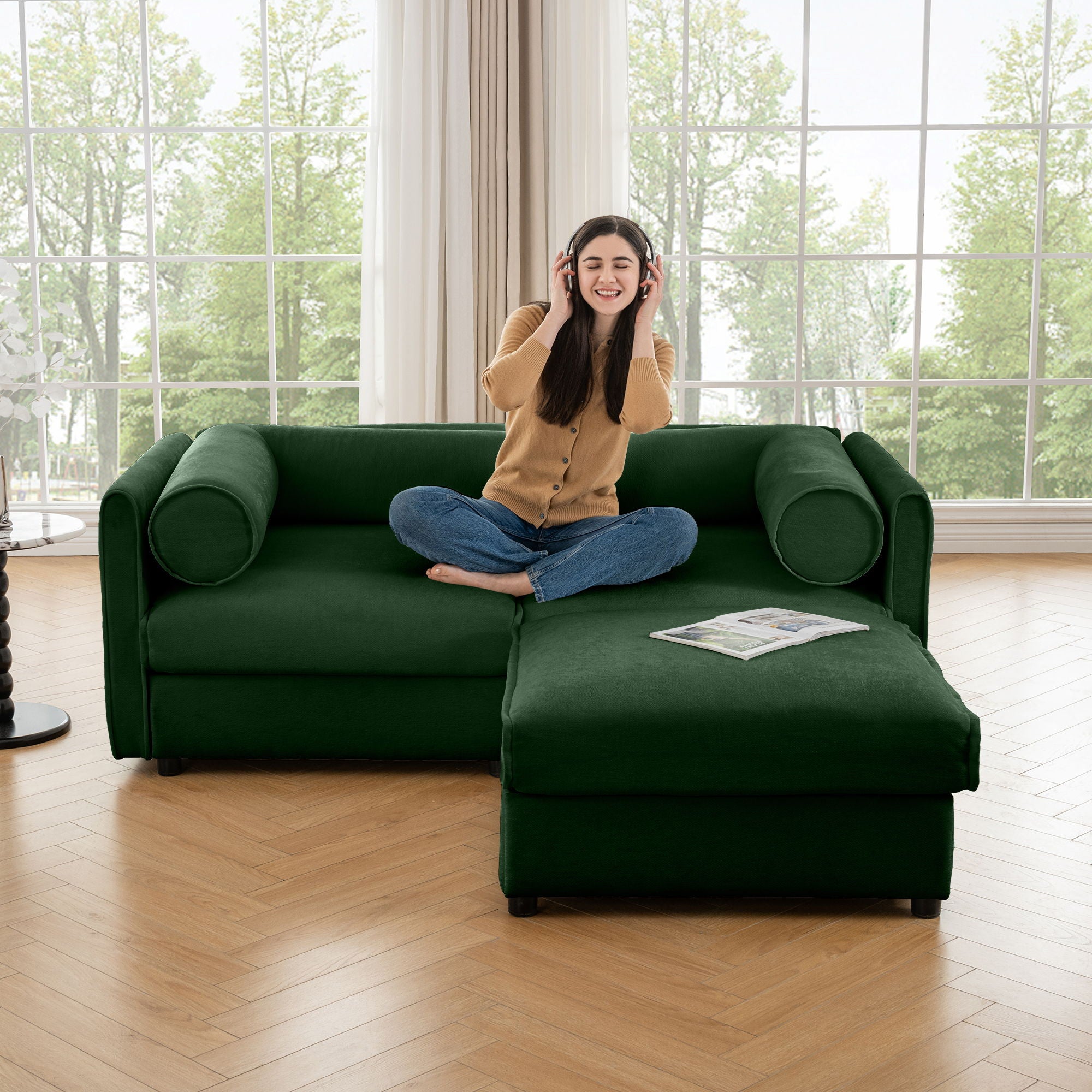Contemporary Elegant White Chenille Sofa With Storage And Ottoman