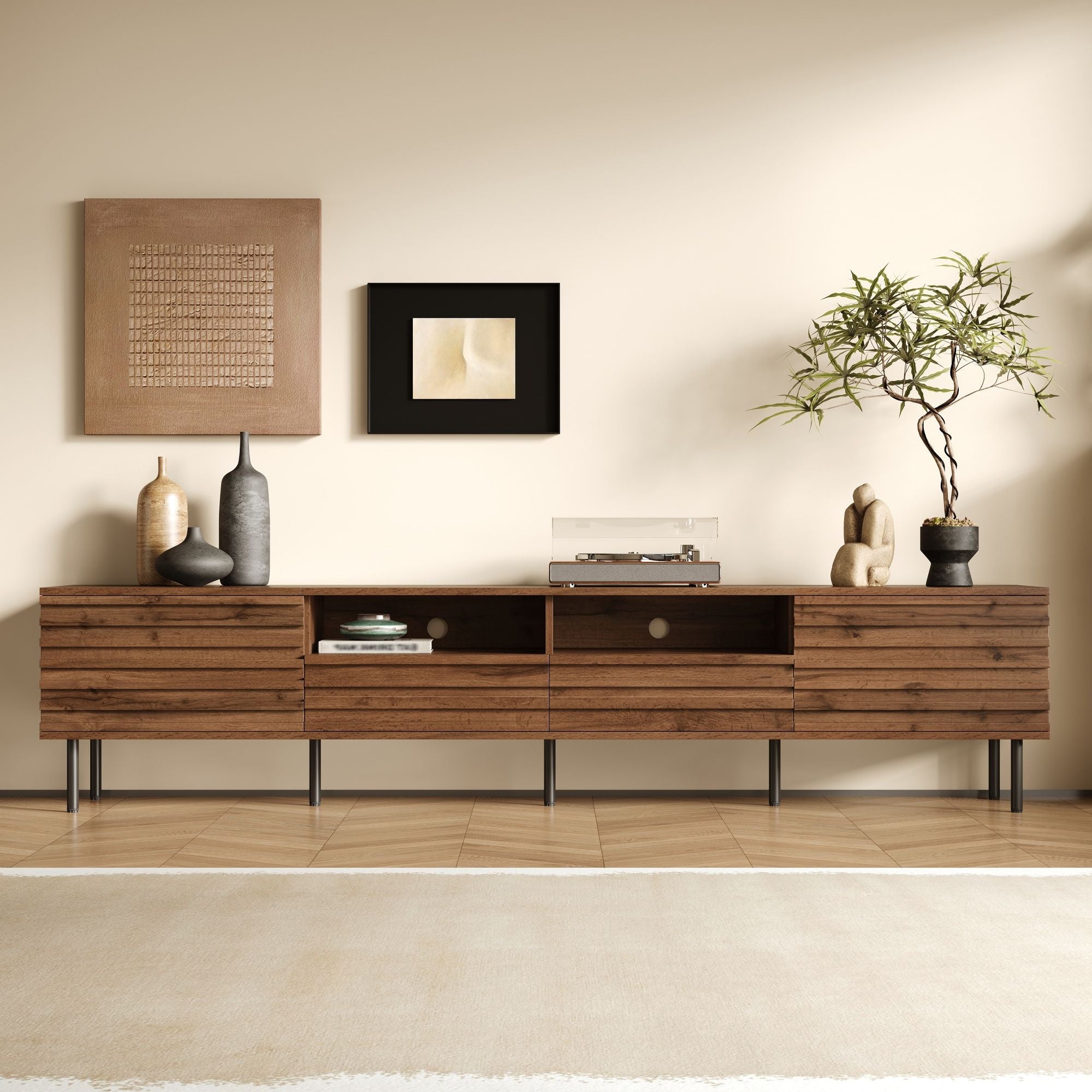 TV Stand For TVs Up To 85" With Closed Storage, Soft Closing Hinges - Walnut