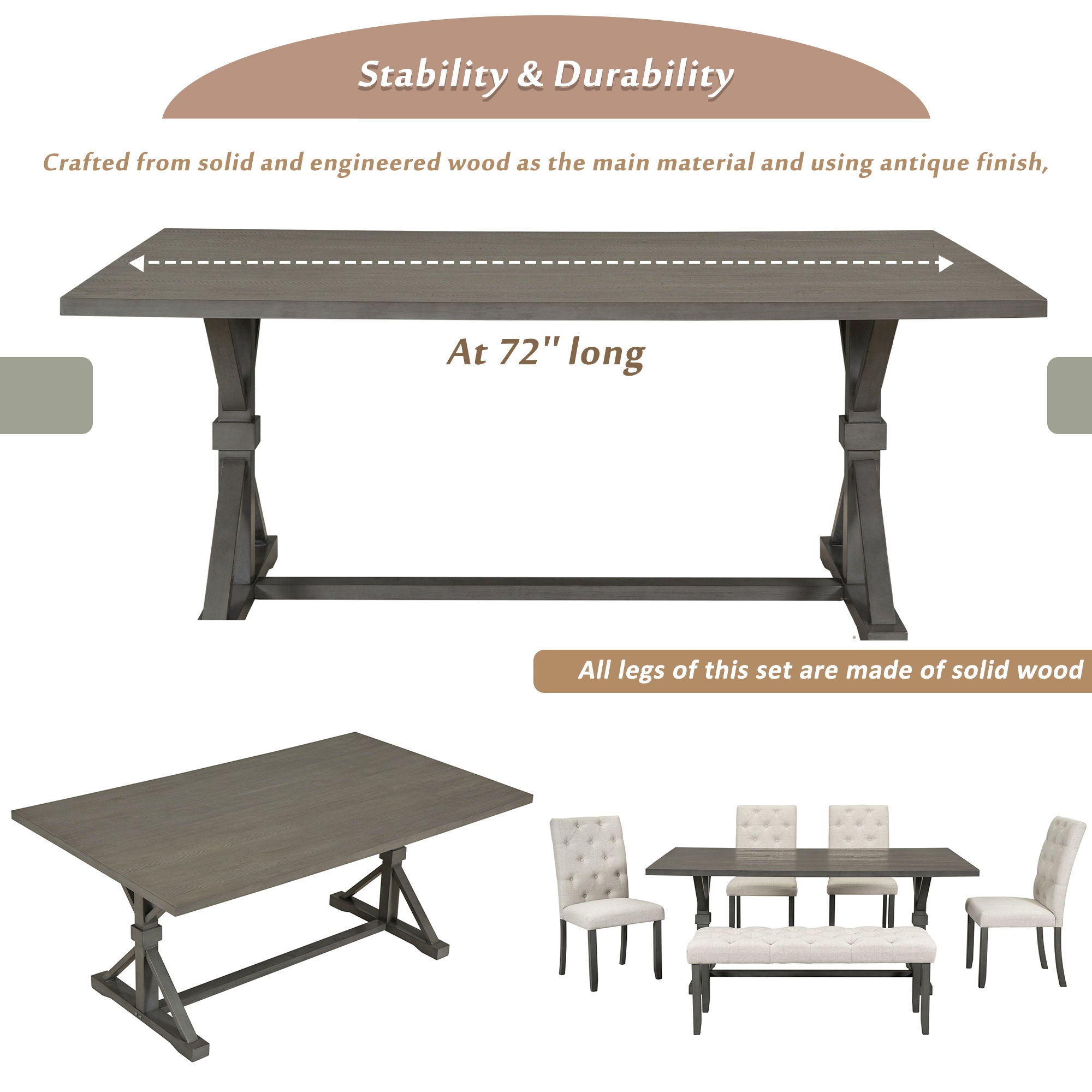6 Piece Dining Table Set With Rectangular Wood Table, 4 Upholstered Chairs, Bench