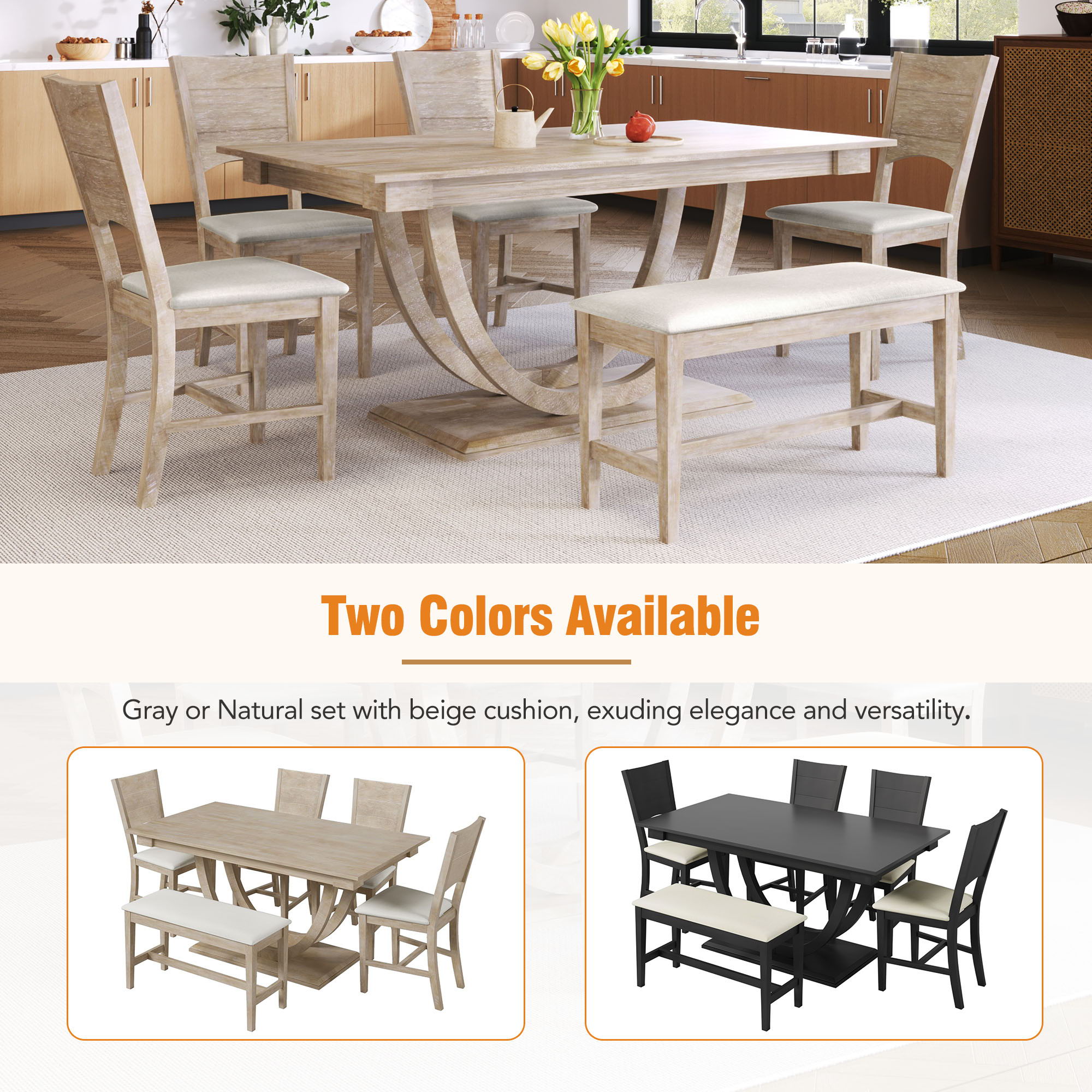Topmax - 6 Piece Wood Half Round Dining Table Set Kitchen Table Set With Long Bench And 4 Dining Chairs, Modern Style - Best Buy Furniture