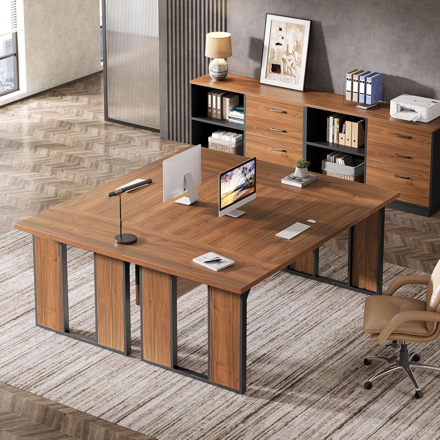 L-Shaped Executive Desk With File Cabinet, Office Computer Desk With Drawers & Open Shelves, Workstation For Home Office - Brown / Black