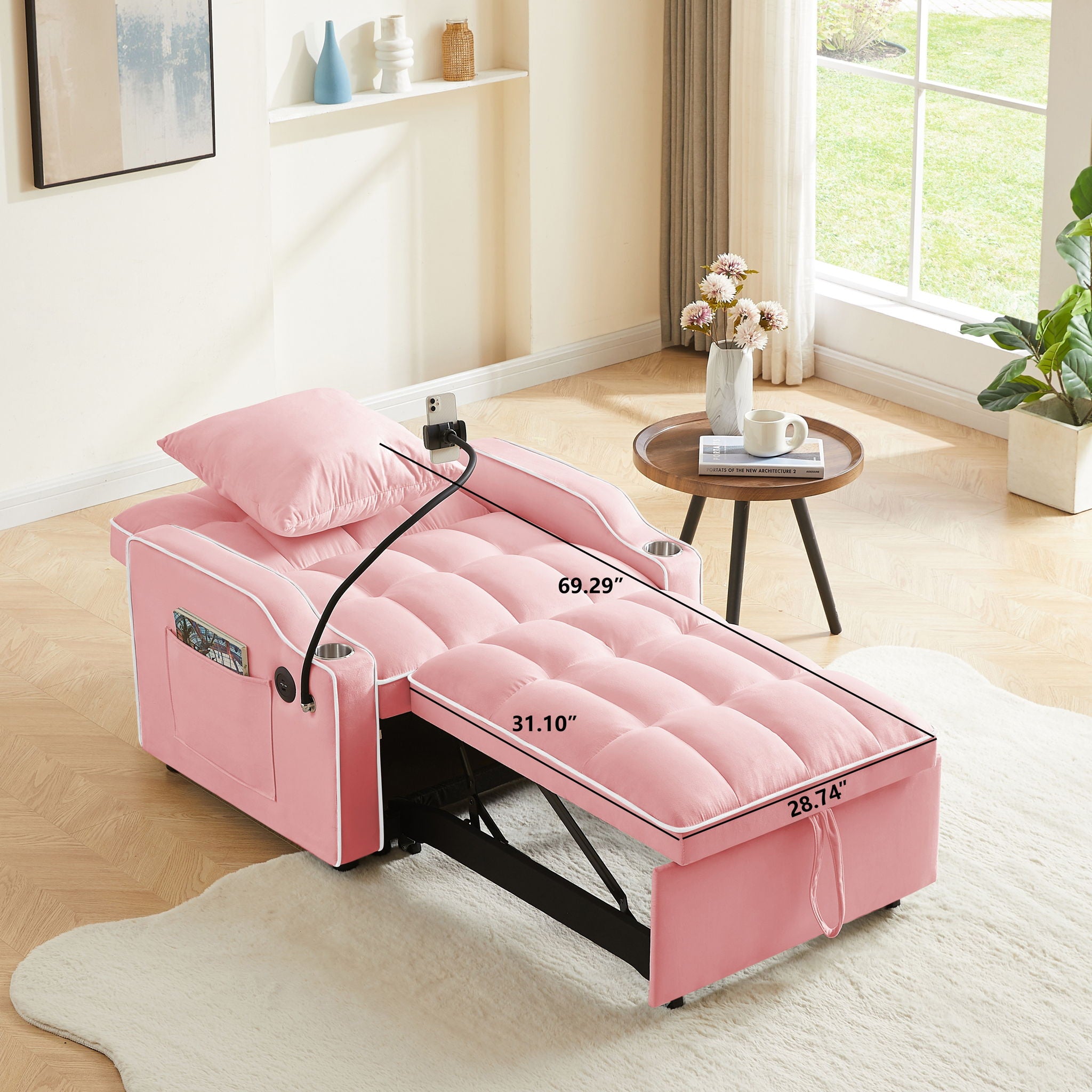 Convertible Velvet 3 In 1 Sofa Bed With Adjustable Sleeper Chair And Multi Pockets