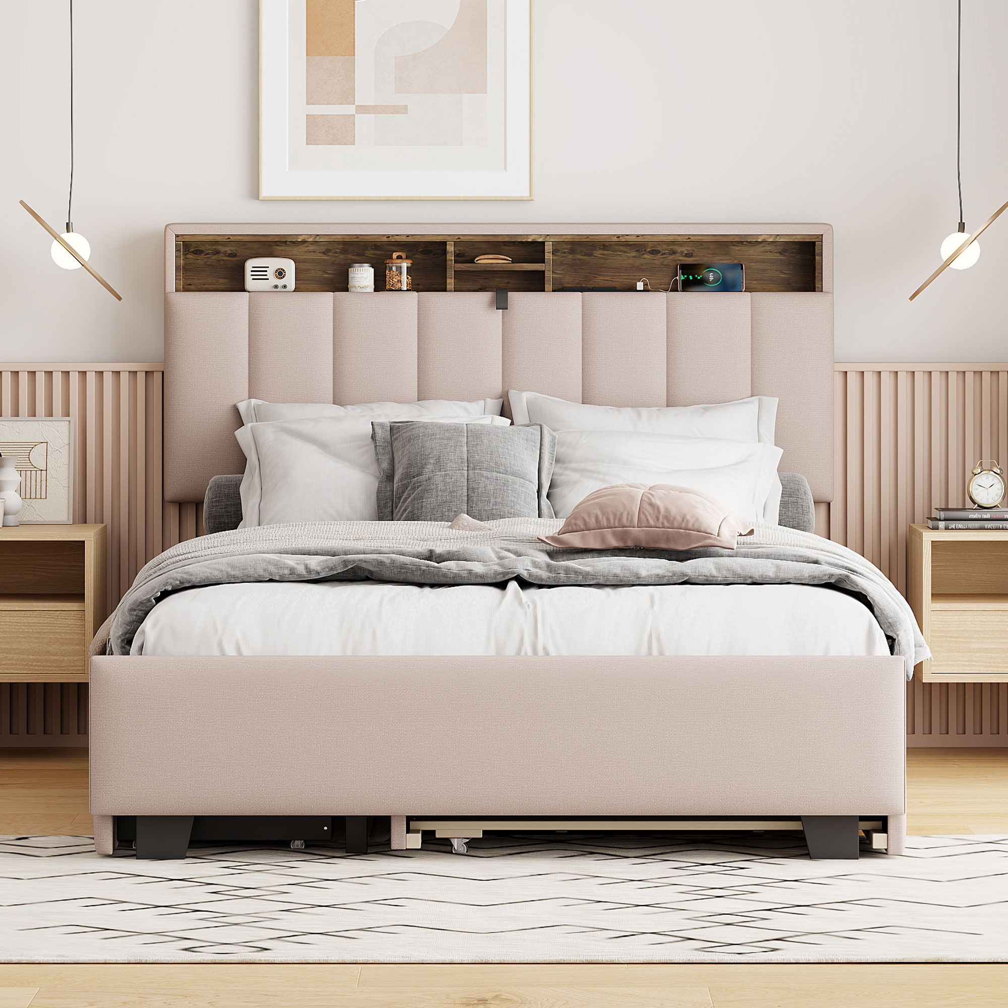 Upholstered Platform Bed With Storage Headboard, Trundle & 2 Drawers And A Set Of Sockets & USB Ports