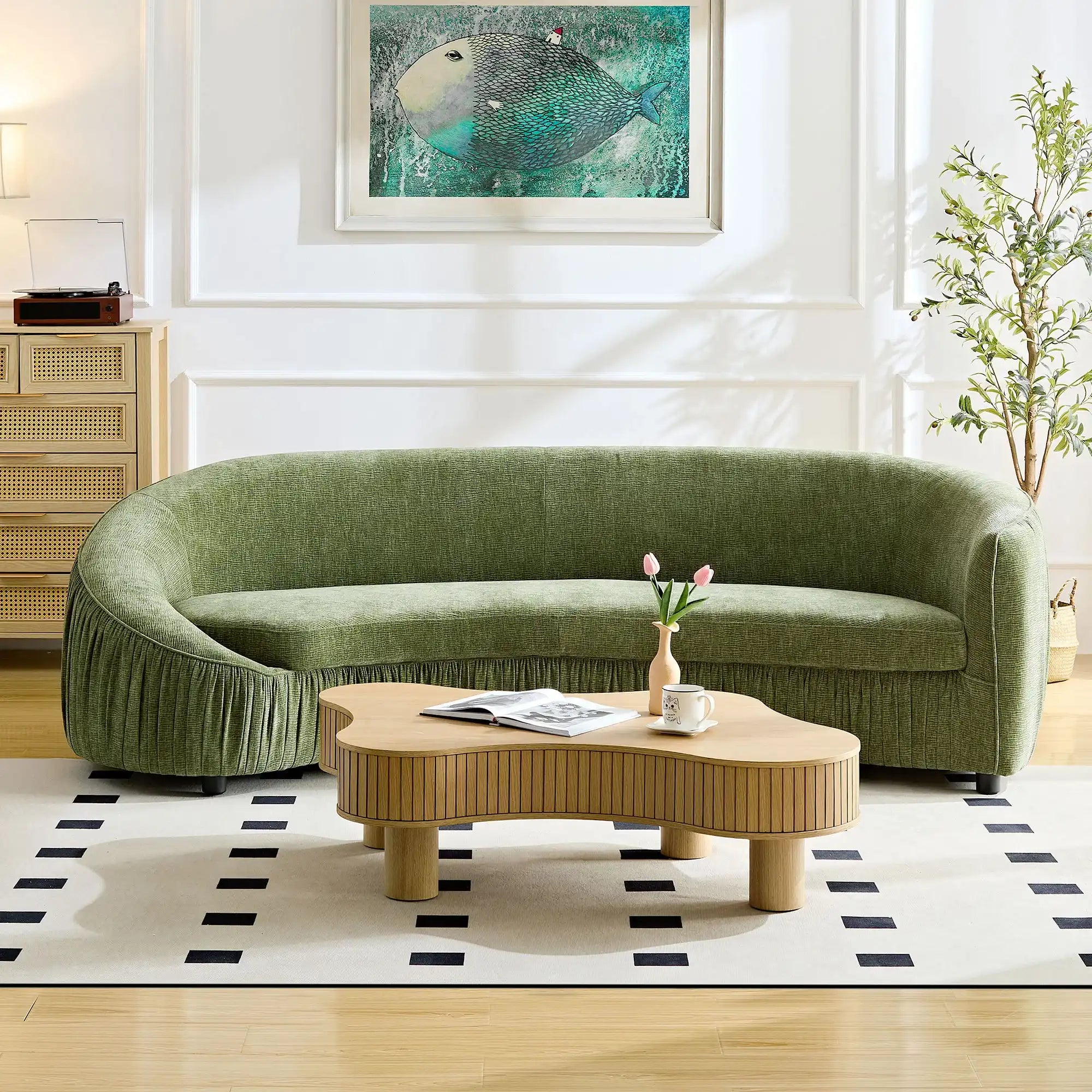 92 Inch Modern Curved Sofa Couch, Green Fabric, 4-Seat