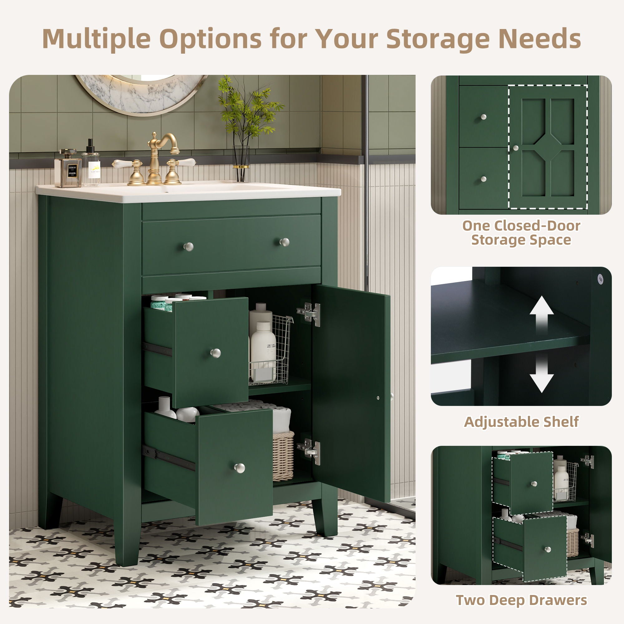 Bathroom Vanity With Basin, Rectangular Cabinet With 2 Drawers And Soft Closing Door