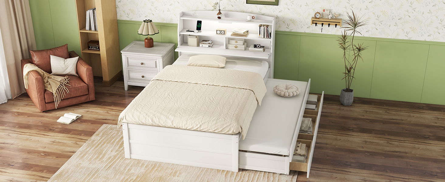 LED Platform Bed With Trundle With Storage Headboard With Drawers