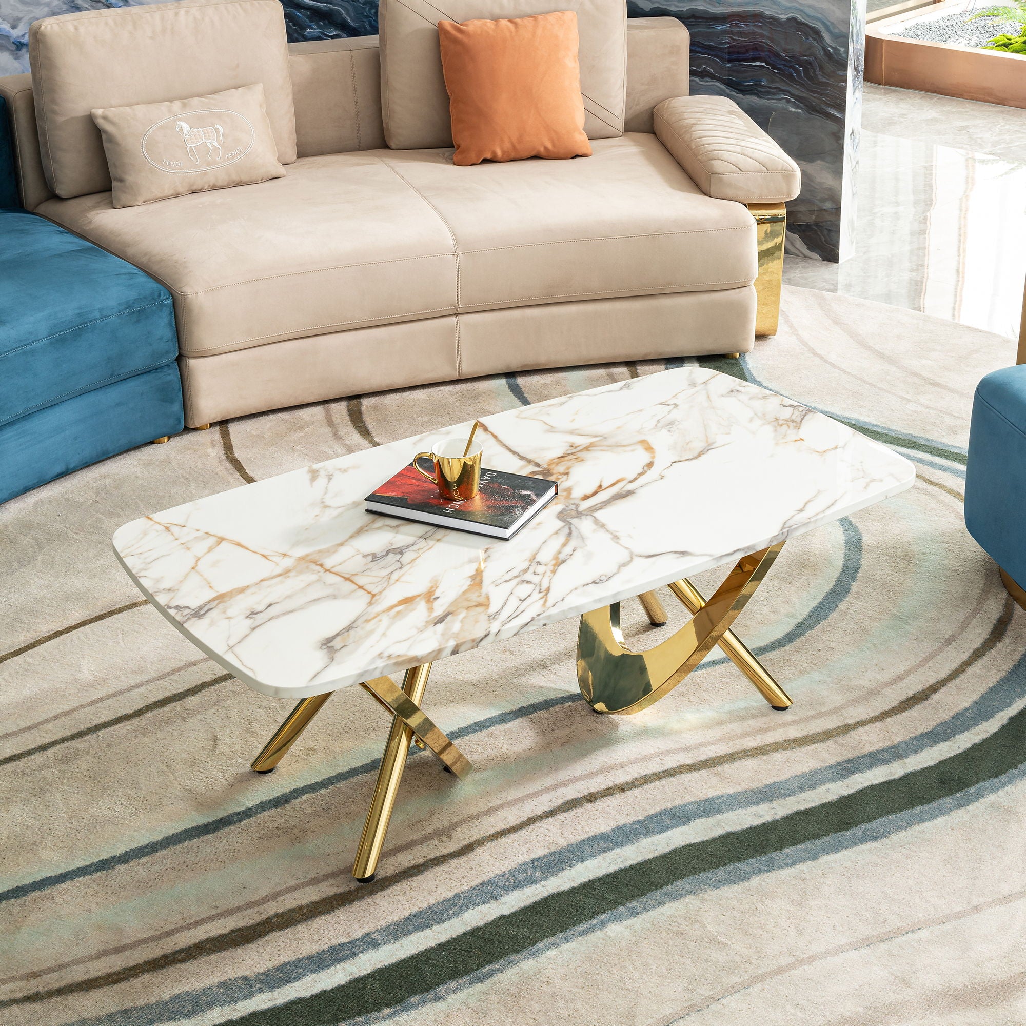 Contemporary Marble Pattern Top Table With Stainless Steel Base