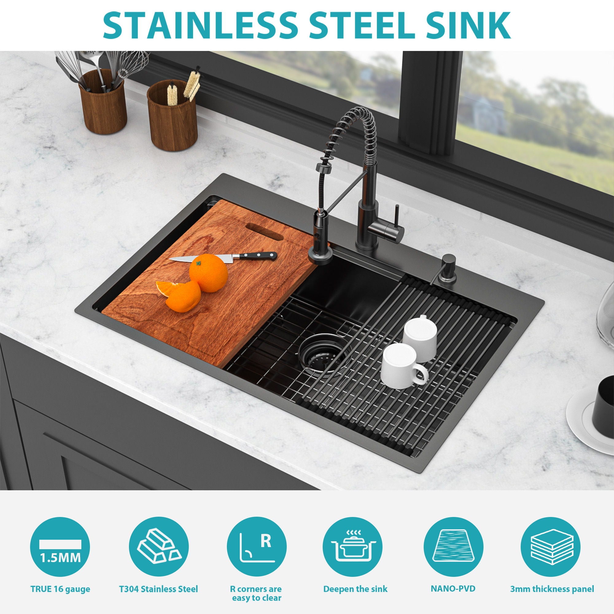 Drop In Kitchen Sink With Pull Out Faucet And Soap Dispenser, Single Bowl Topmount Sink - Gunmetal Black