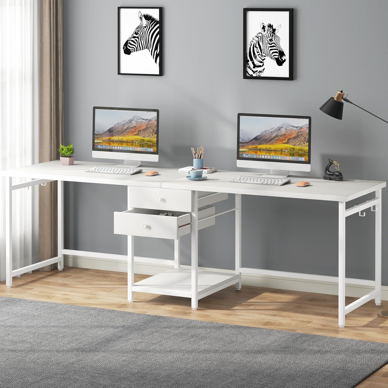 2 Person Computer Desk With Drawers And Shelves, Extra Long Double Workstation