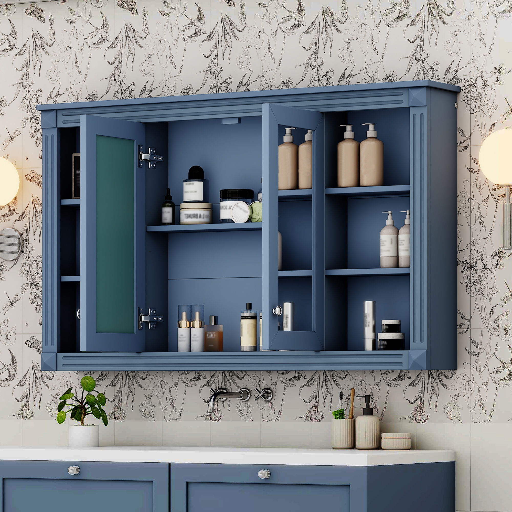 Wall-Mounted Mirror Cabinet With Adjustable Shelf And Open Shelves