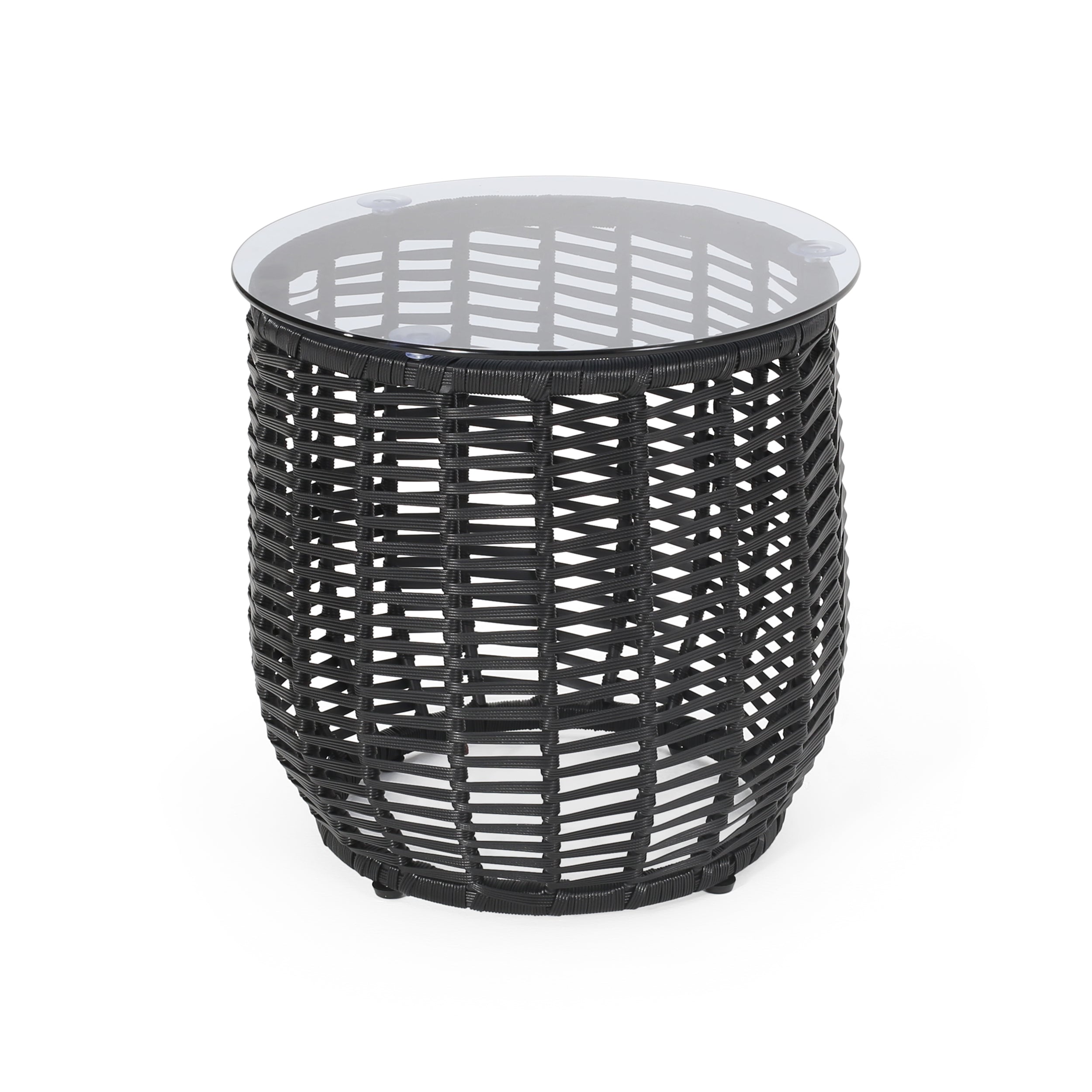 Boho ARIAS Side Table with Tempered Glass Top and Rattan Wrap, Black, 15.5 inches
