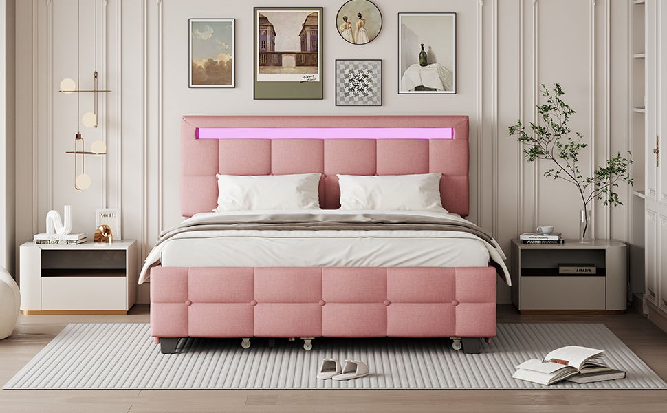 Upholstered Platform Bed With LED Frame, With Trundle And 2 Drawers