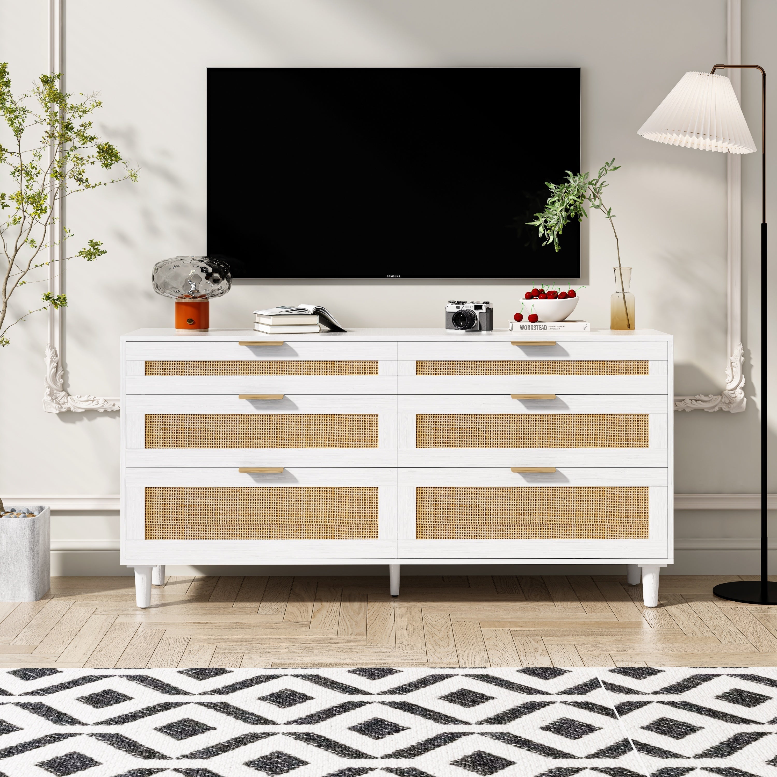 White Rattan Dresser with 6 Drawers, Metal Handles & Wood Legs