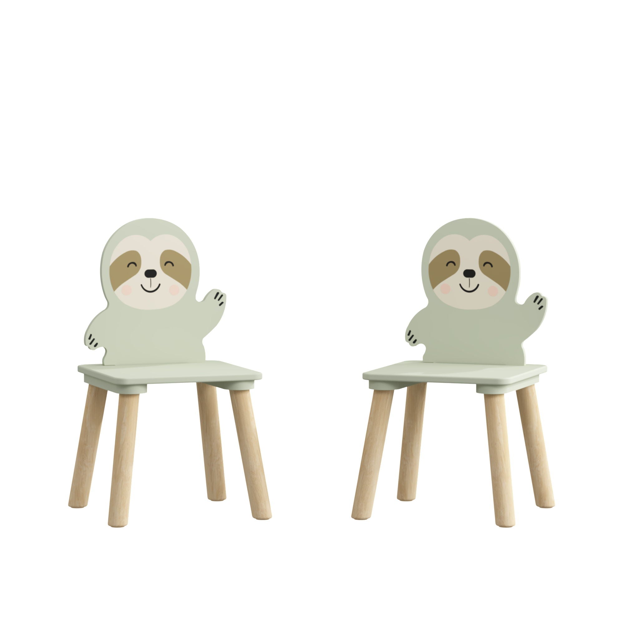 Sloth Themed Table And Chair Set With 2 Cute Animal Chairs - Natural Wood / Sage Green