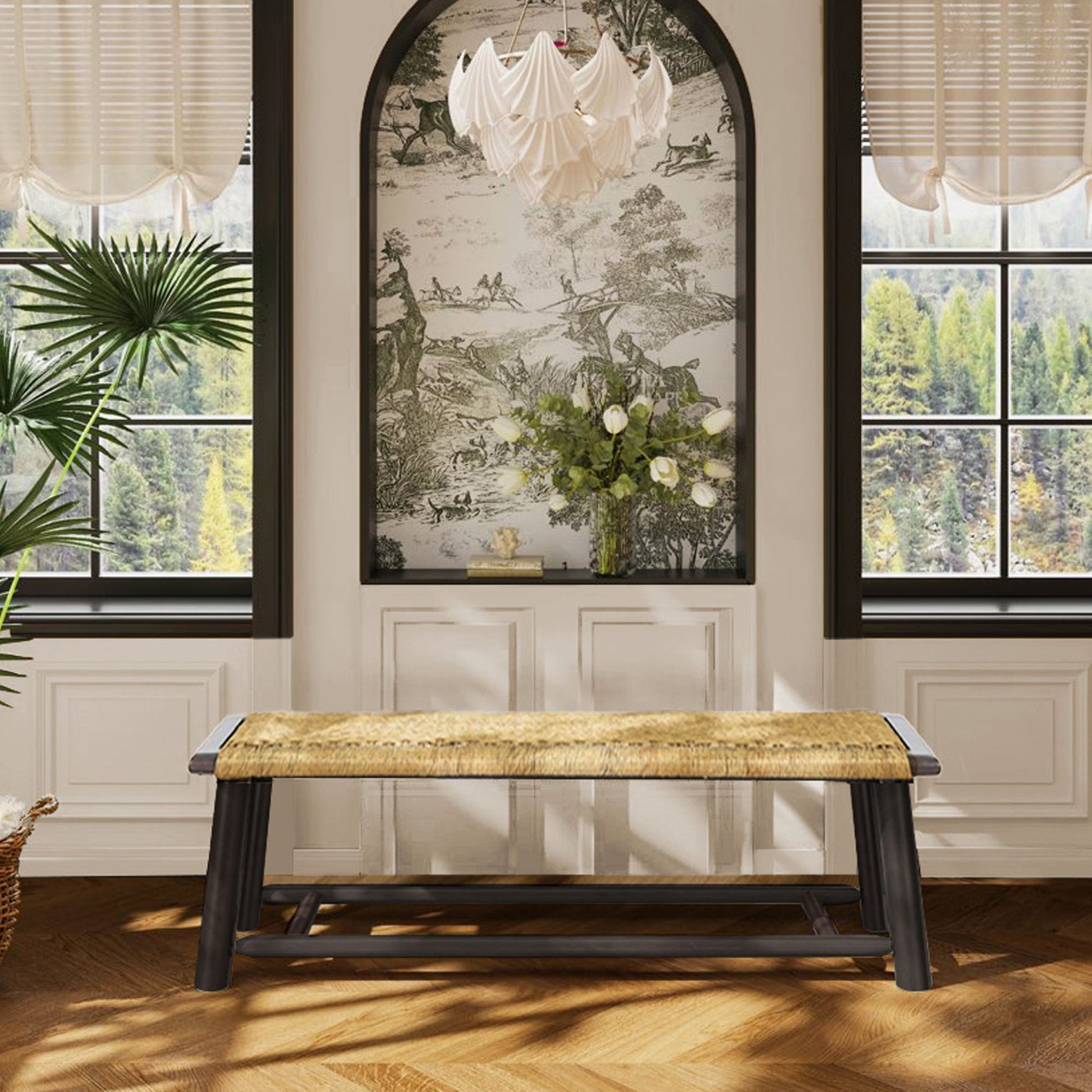 Farmhouse Modern Solid Wood Rattan Bench Multi Functional Design 59" Indoor & Covered Outdoor Bench - Walnut - Best Buy Furniture